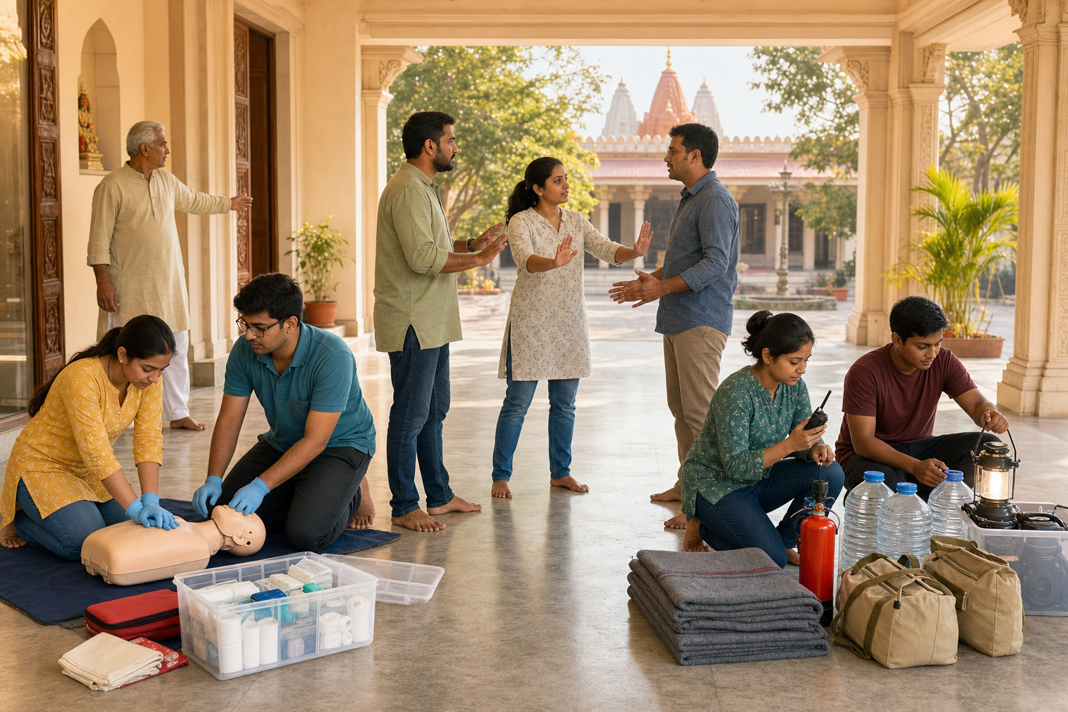 Community volunteers practice first aid, de-escalation, radio use, and emergency-supply preparation in a bright temple community hall.