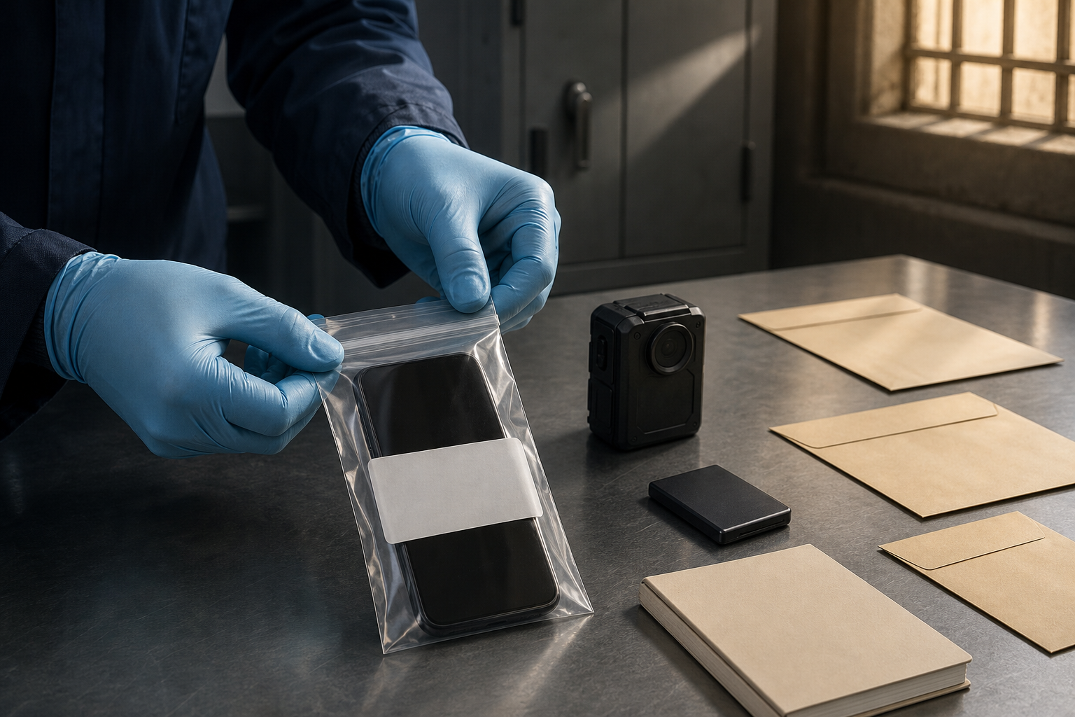 A forensic technician seals an unmarked phone in an evidence pouch beside a video recorder, storage drive, notebook, and secure cabinet.