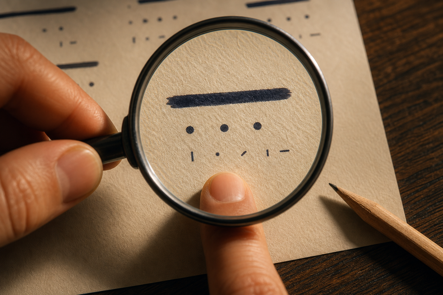 A fingertip and magnifying lens focus on tiny dots and short marks beside a bold ink stroke on a practice sheet.