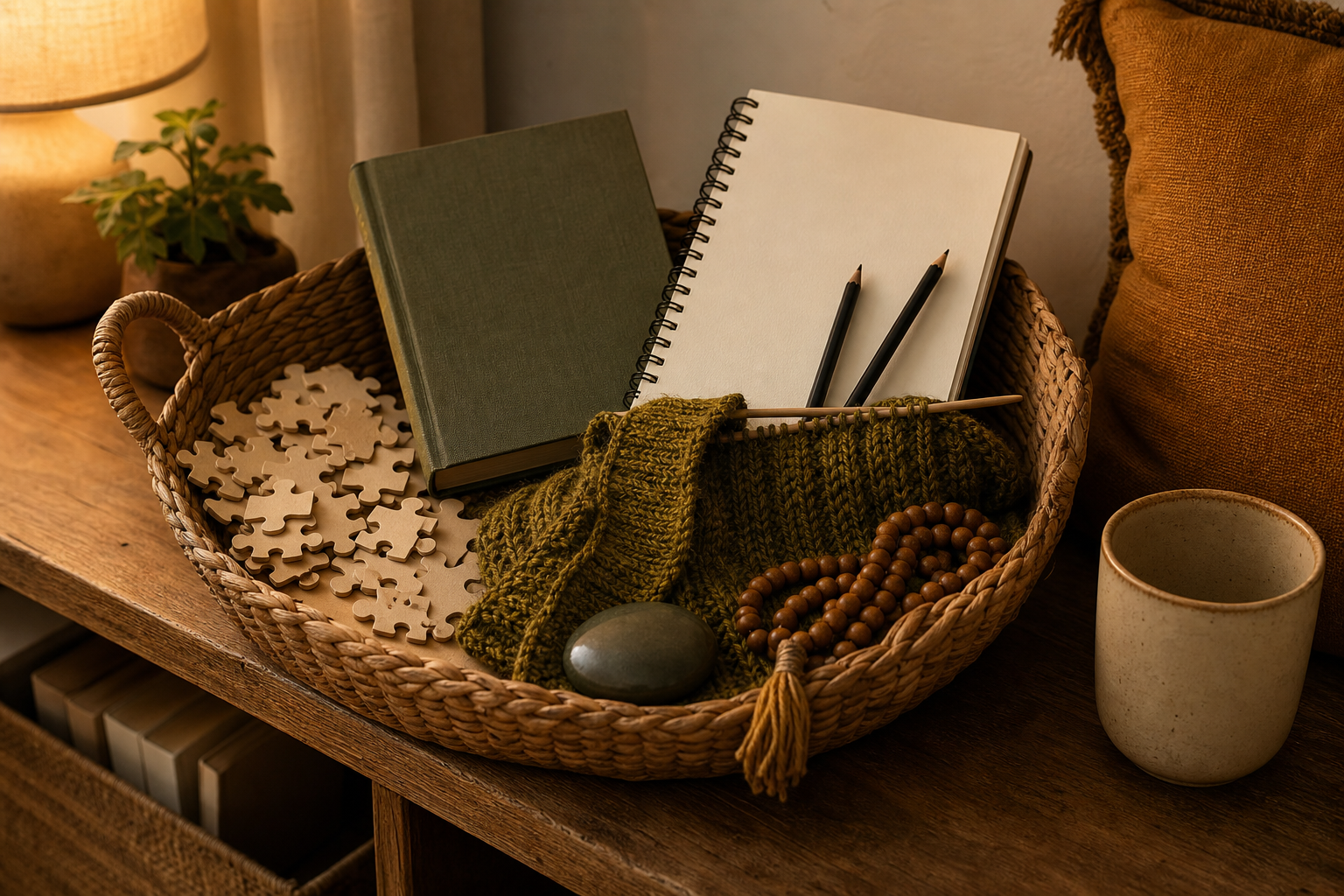 A woven basket holds a book, blank sketchbook, pencils, knitting, prayer beads, a puzzle, and a palm stone beside a cushion and cup.