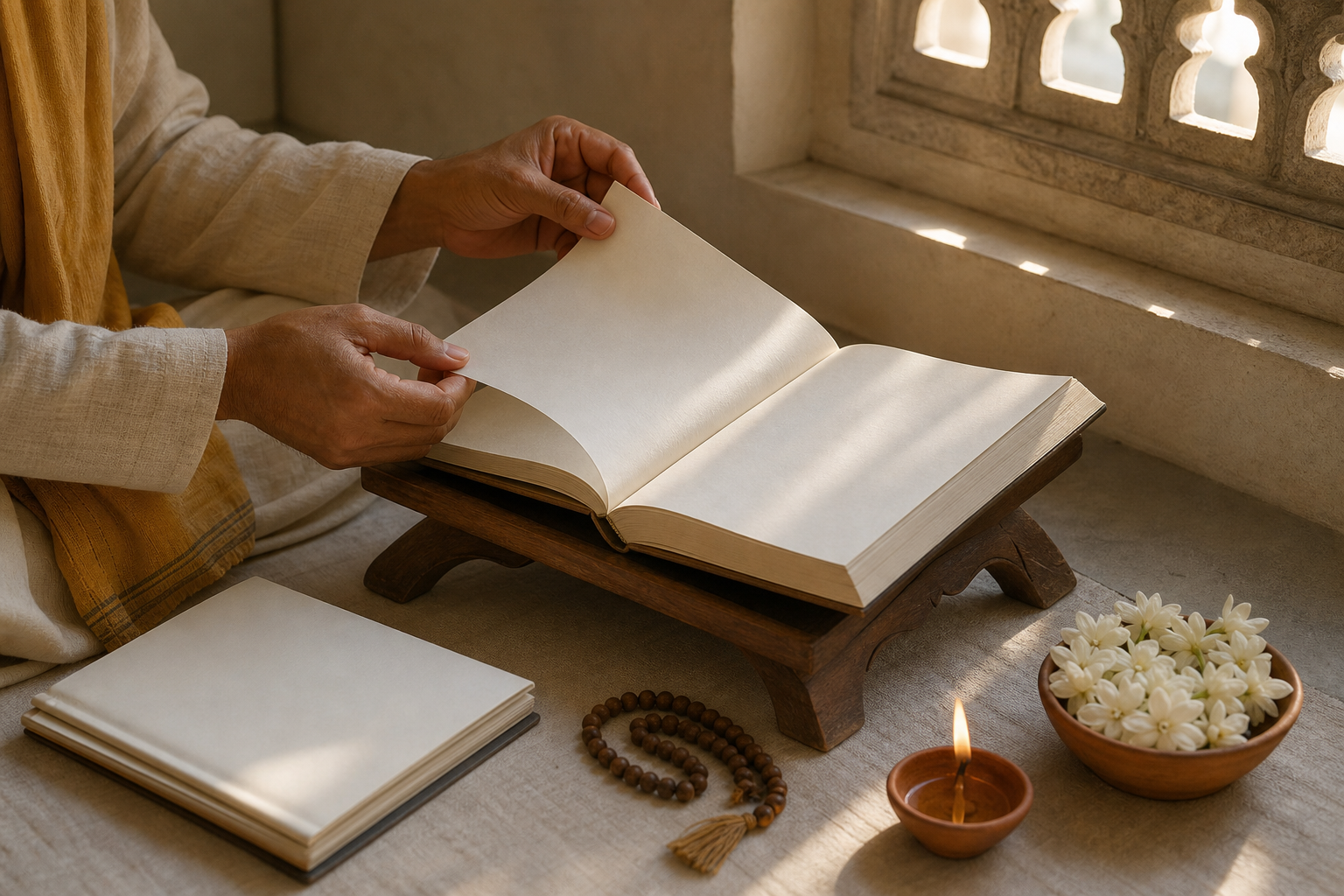 Hands turn the pages of an unmarked sacred book beside prayer beads, jasmine flowers, and a clay lamp in morning light.