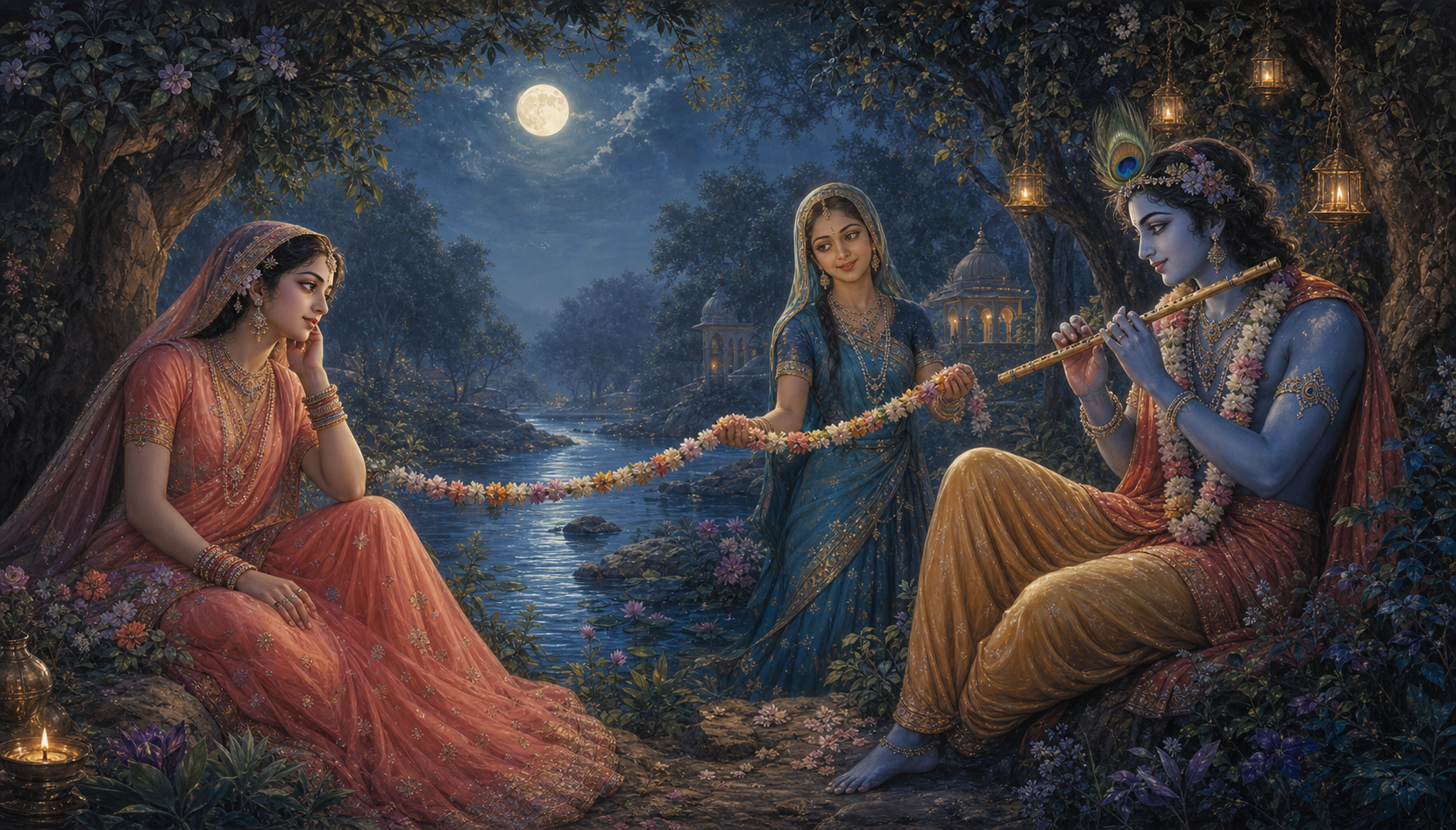 Sri Radha and Krishna look toward each other across a moonlit grove as a companion carries a flower garland between them.