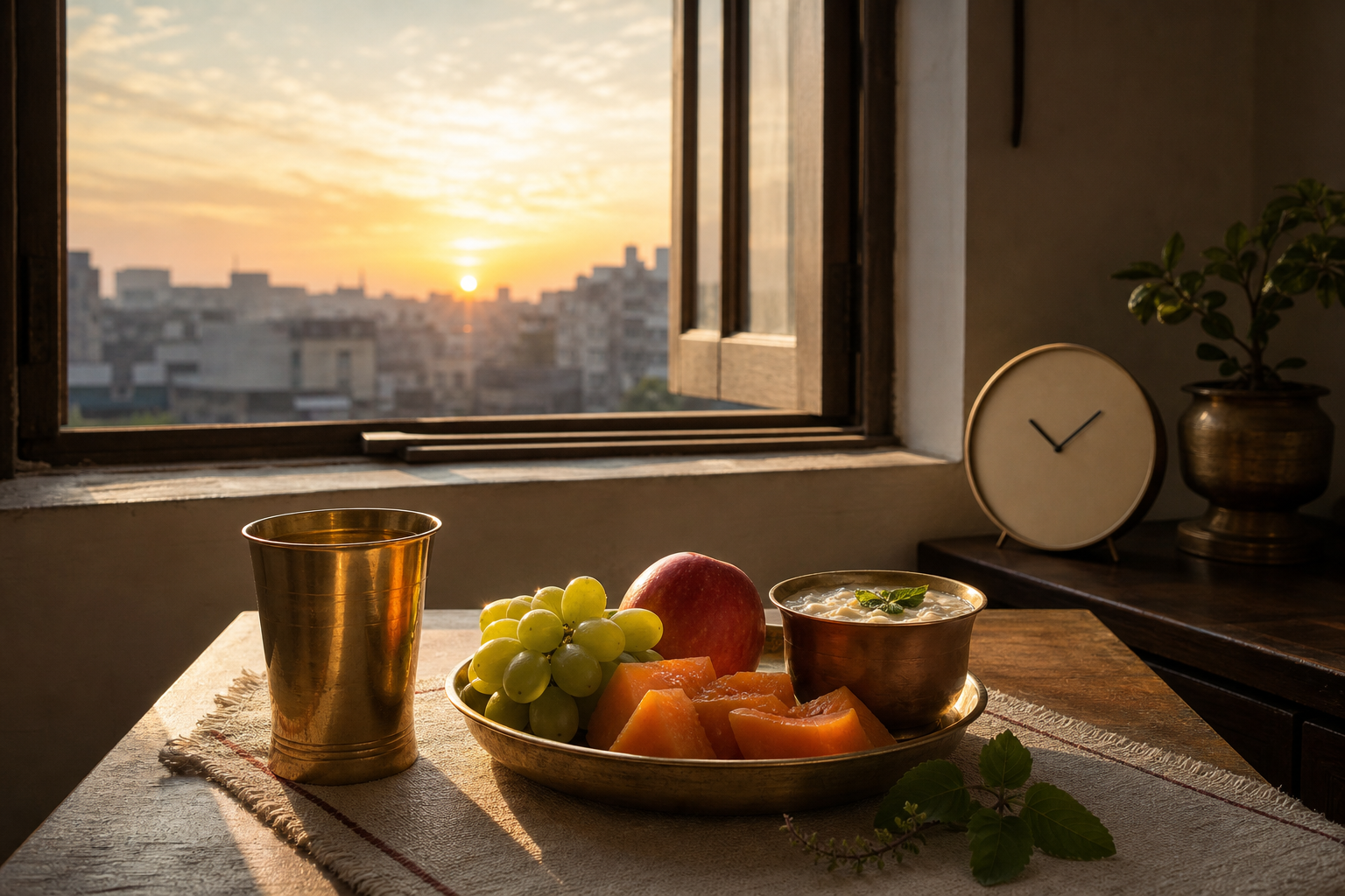 A fast-breaking meal waits beside an open window as the sun rises over a city skyline.