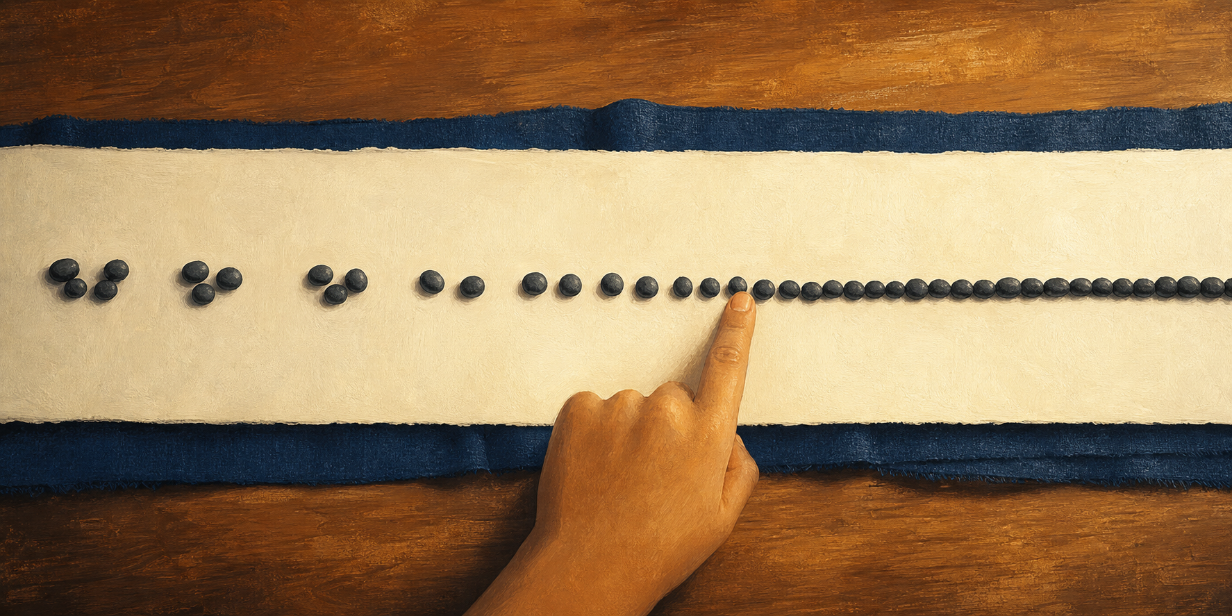 A finger follows dark pebbles that change from separated clusters into one continuous line across blank paper.