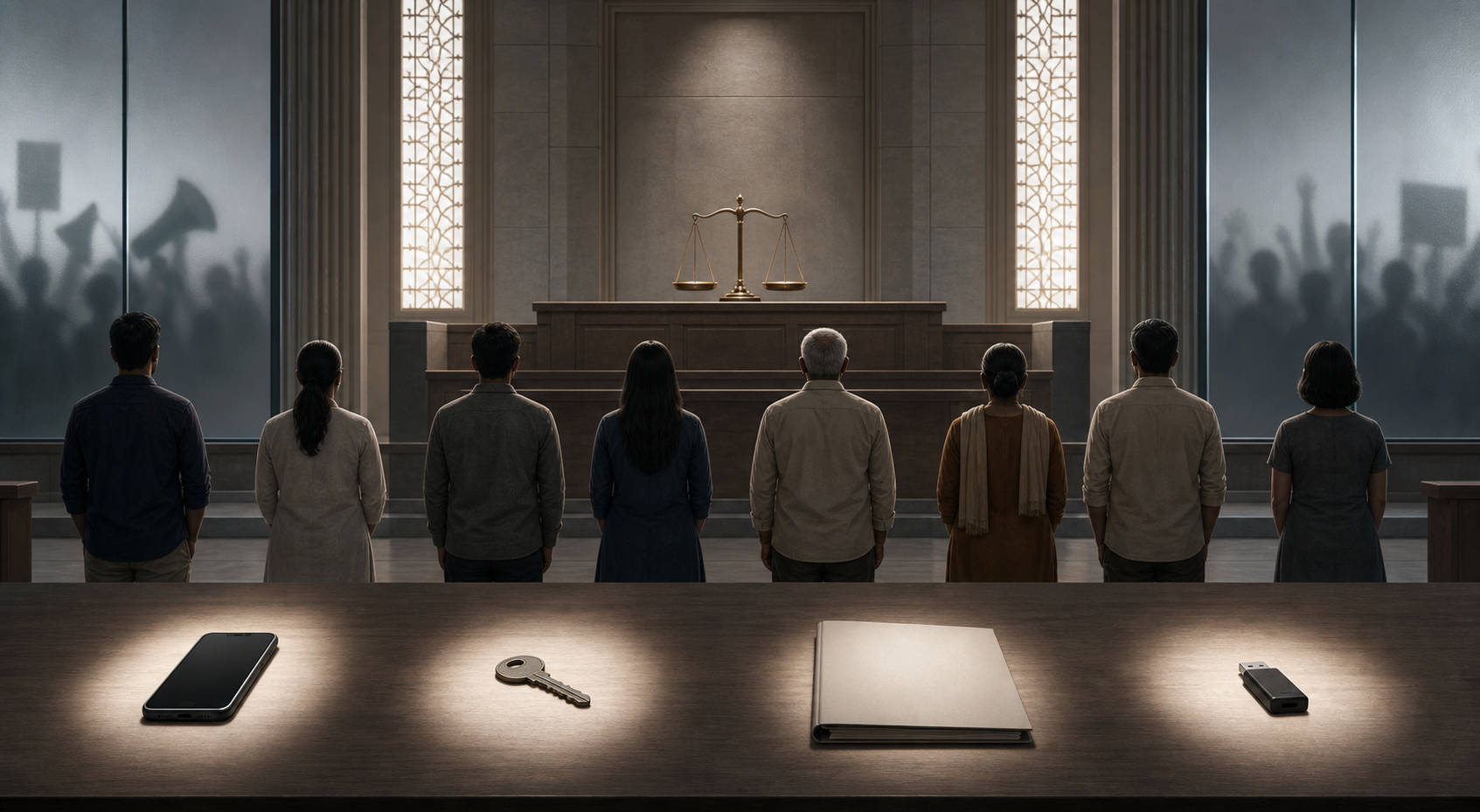 Individual evidence items are illuminated on a courtroom table while anonymous adults stand equally before a balanced scale and judge's bench.