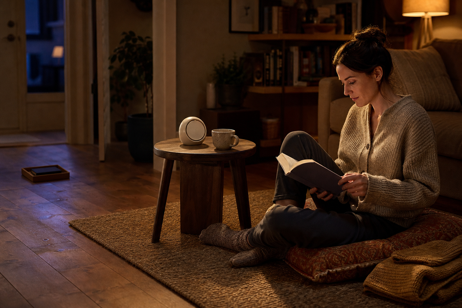 A person moves from a phone placed in a wooden tray toward a floor cushion, book, warm drink, and unmarked kitchen timer.