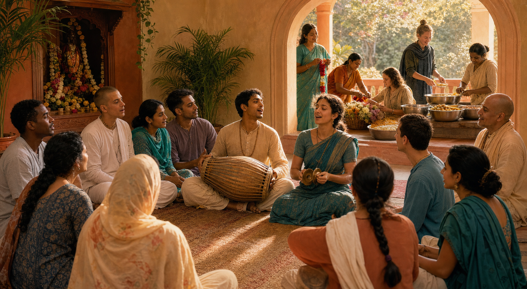 Devotees listen and chant with a drum and cymbals while others make garlands and prepare vegetarian food in an adjoining service area.