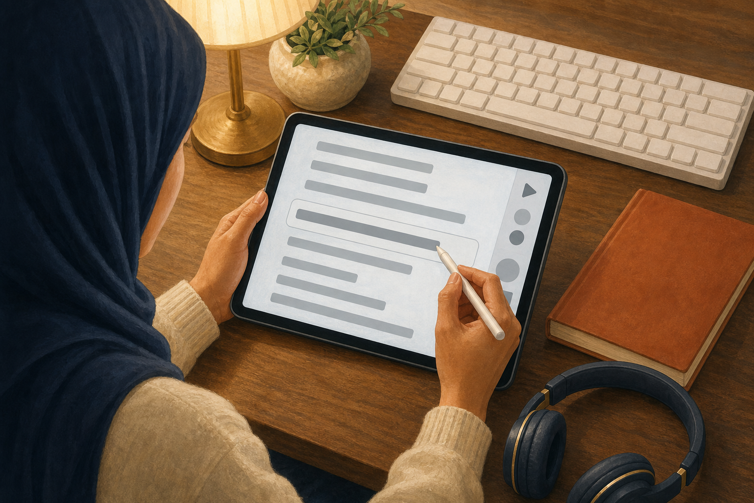 A learner uses a stylus on an unbranded tablet with a simplified reading interface beside headphones and a closed primer.