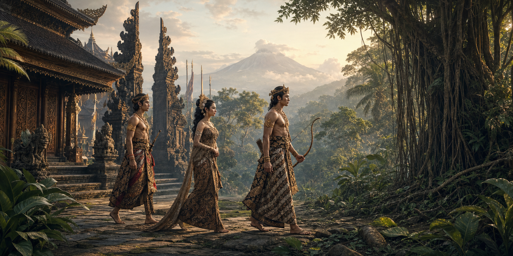 Rama Wijaya, Sinta, and Laksmana leave a Javanese palace gateway and walk toward a misty tropical forest at dawn.