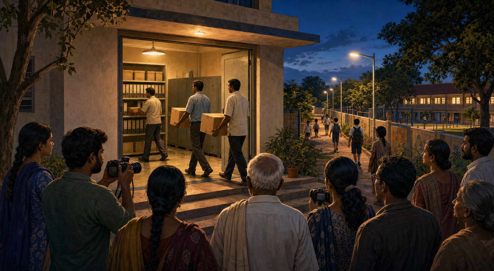 Residents, advocates, and reporters observe officials securing sealed records while streetlights illuminate a pedestrian route in the background.