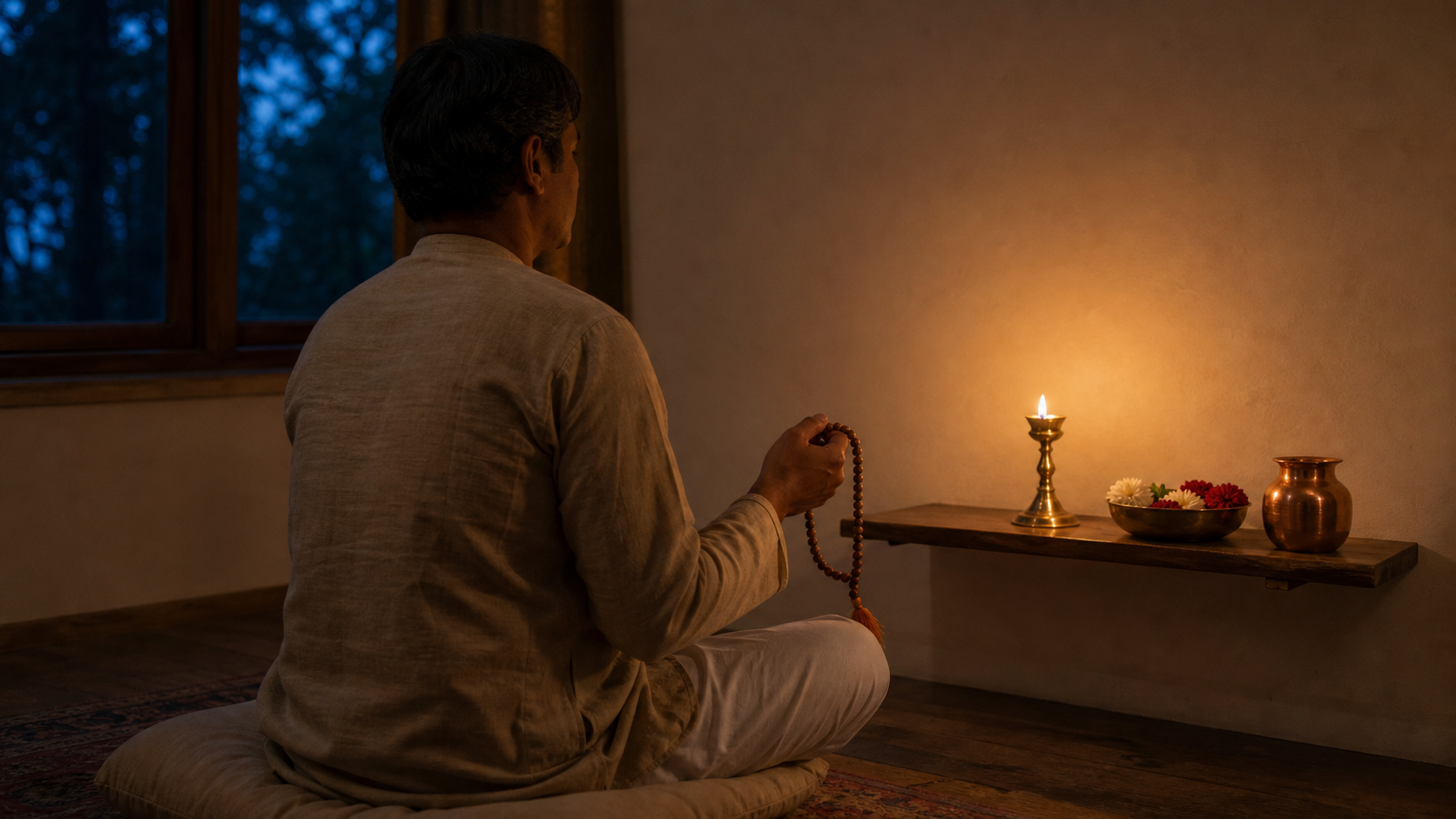 A seated person holds wooden prayer beads before a small home practice shelf with a brass oil lamp, flowers, and a copper vessel.