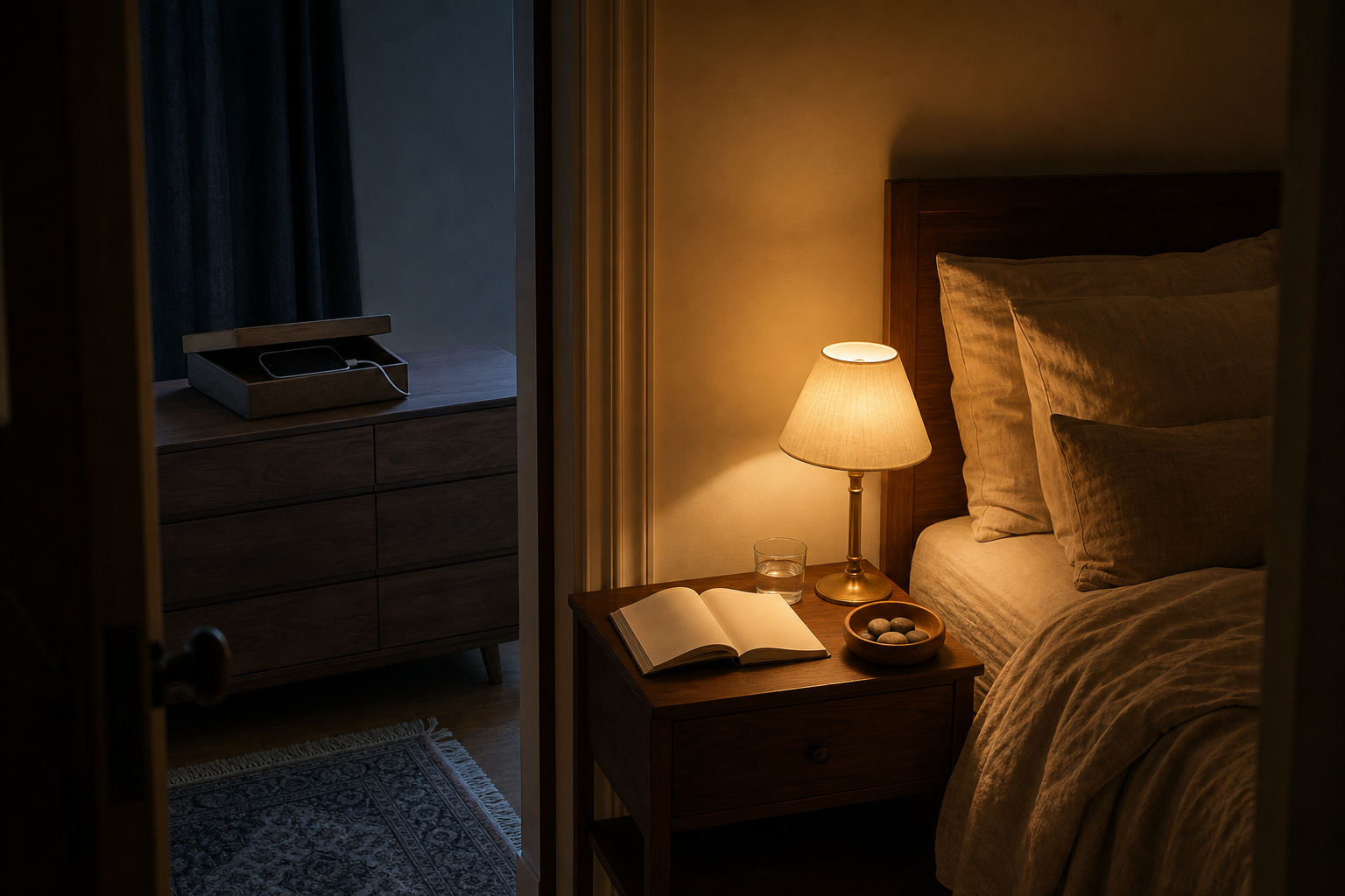 A dark-screen phone charges in a lidded box across the bedroom while a lamp, open book, water, and a bowl of pebbles sit beside the bed.