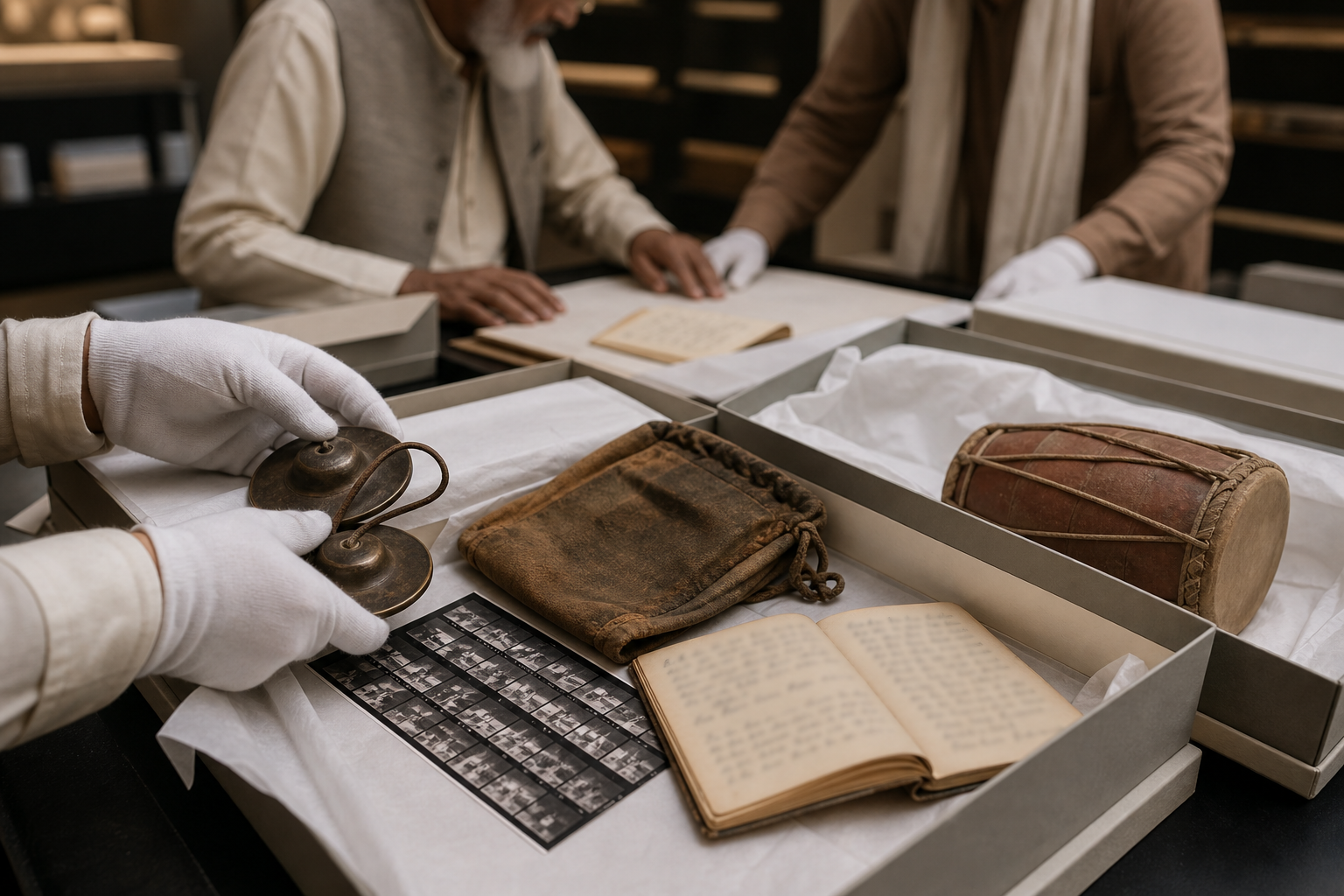 Two generations examine preserved devotional objects, notebooks, and photographs at a heritage archive table.