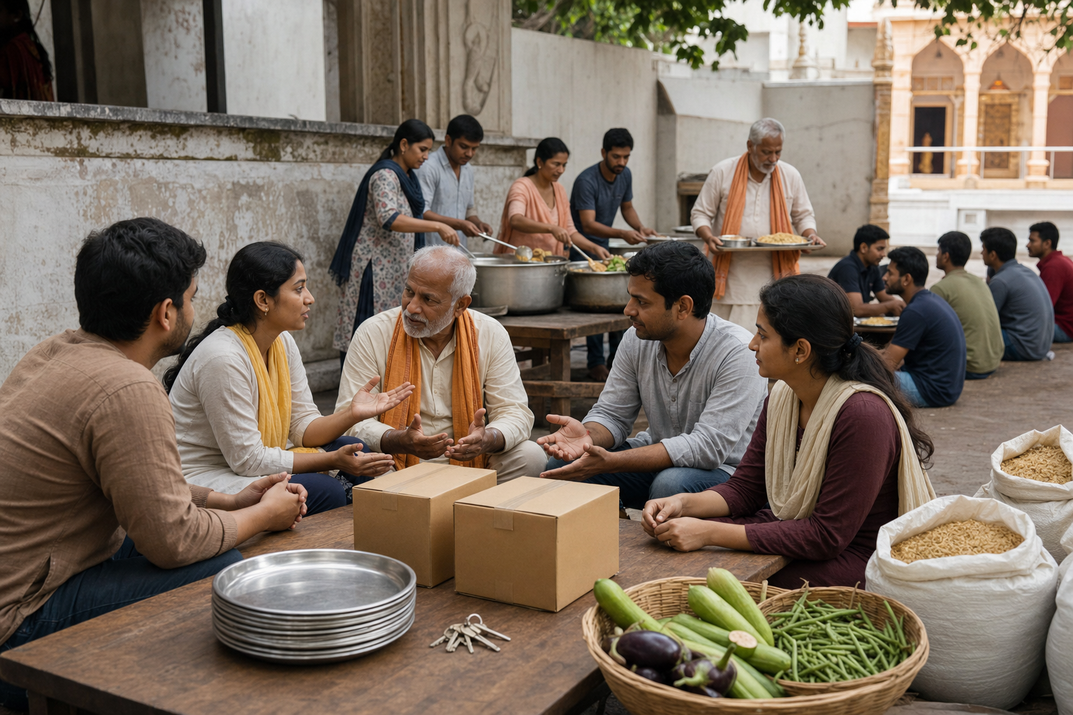 A temple service coordinator listens to volunteers at a shared table before joining them in carrying meals beside carefully arranged supplies.
