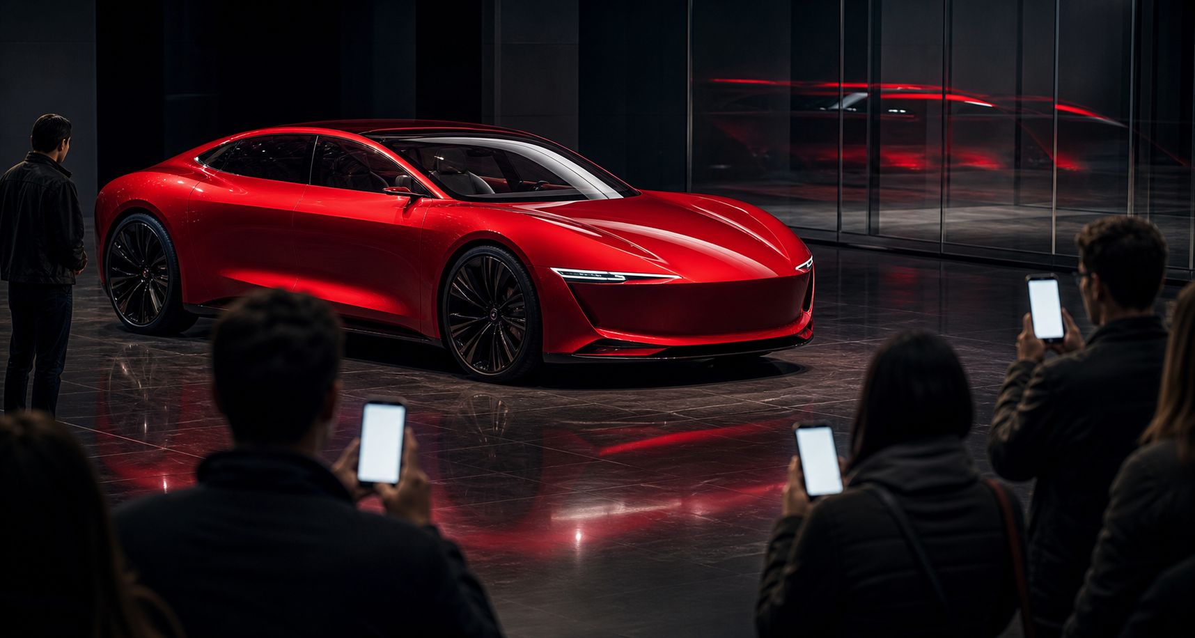 An unbranded red electric grand tourer displayed in a dark gallery as spectators view it directly and through phones with blank screens.