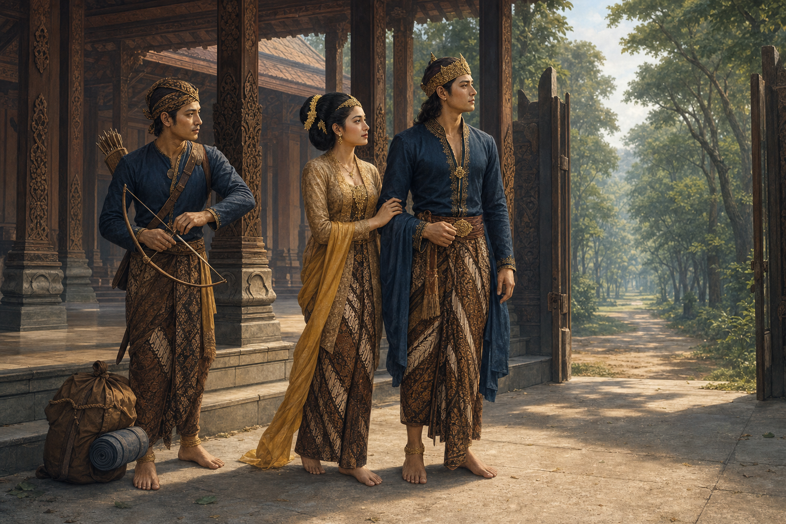 Rama Wijaya stands with Sinta and Laksmana in a Javanese palace courtyard before their journey into the forest.