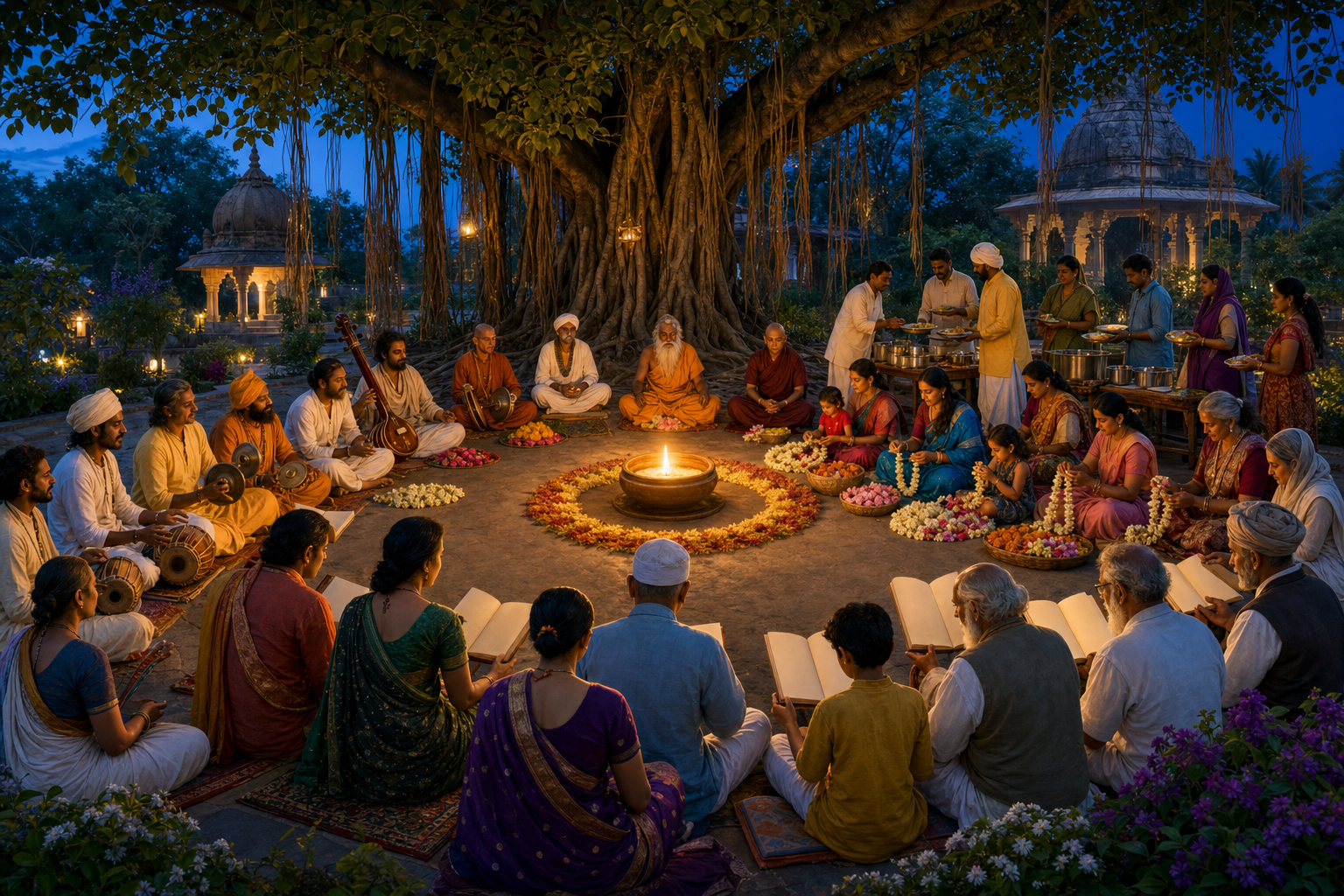 Distinct groups of devotees chant, study, make garlands, and serve food around a central lamp beneath a banyan tree at twilight.