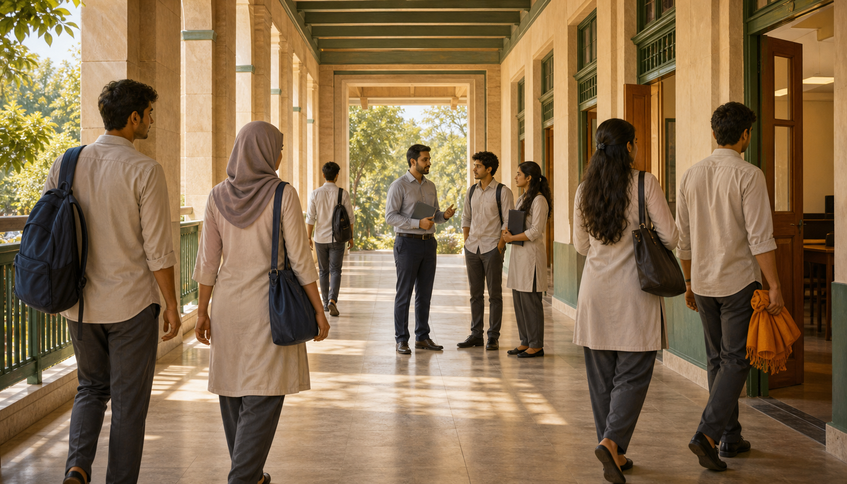 College students in a Karnataka campus corridor, including a student in a plain hijab and another holding a folded saffron shawl, walk past an administrator speaking with students.