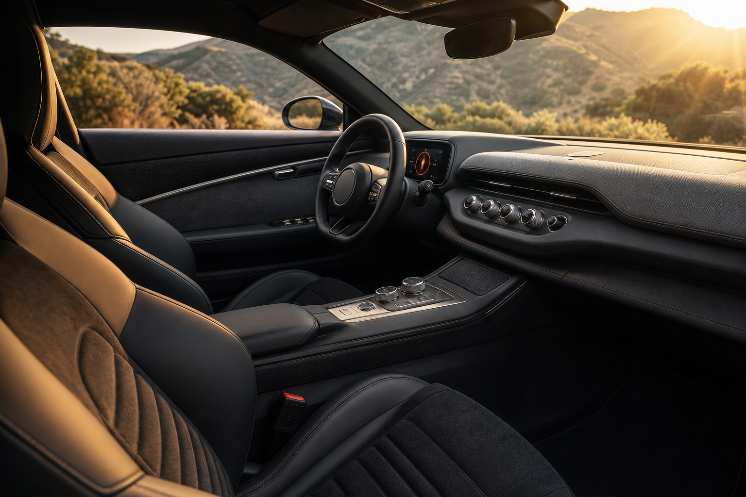 A driver-focused grand tourer cabin with a compact display, metal rotary controls, tactile switches, and sculpted seats.