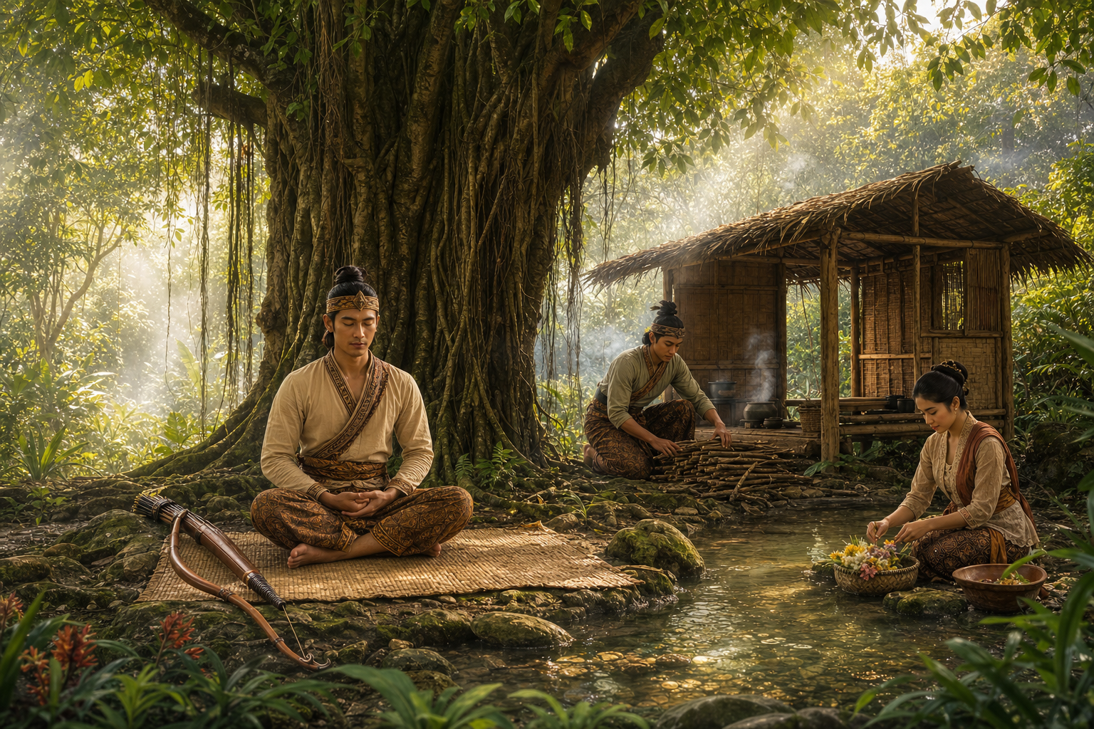 Rama Wijaya meditates beneath a banyan tree while Sinta and Laksmana tend an orderly forest dwelling.