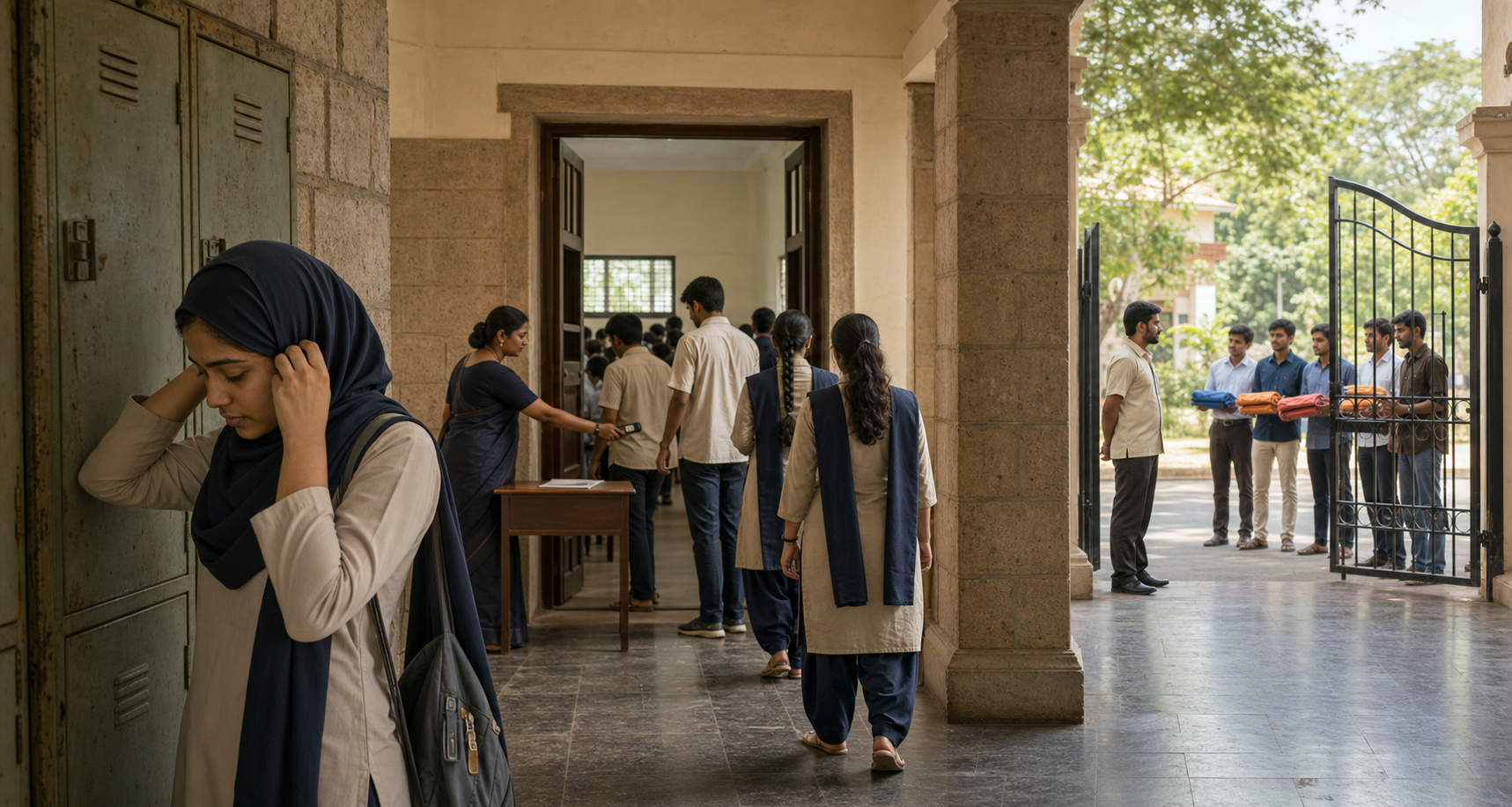 A college scene shows a student wearing a religious head covering, students entering an examination hall in uniform, and an outside group remaining beyond the campus gate.