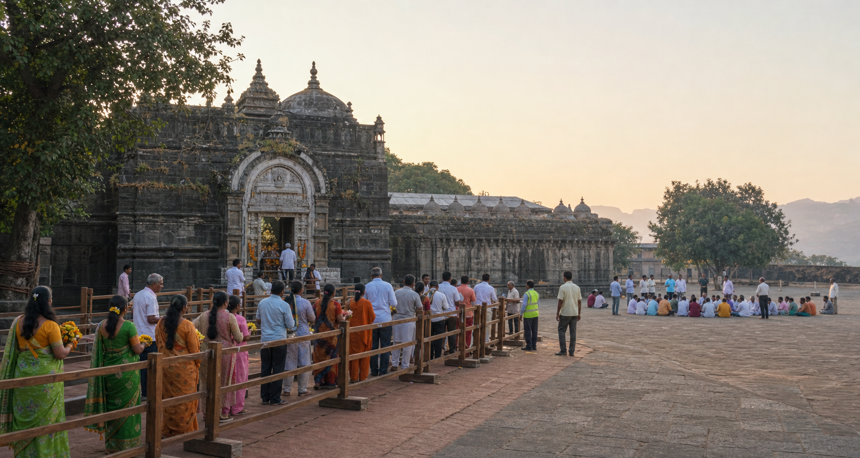 Devotees queue for temple access in the courtyard of a historic stone fort while officials manage separate crowd areas.