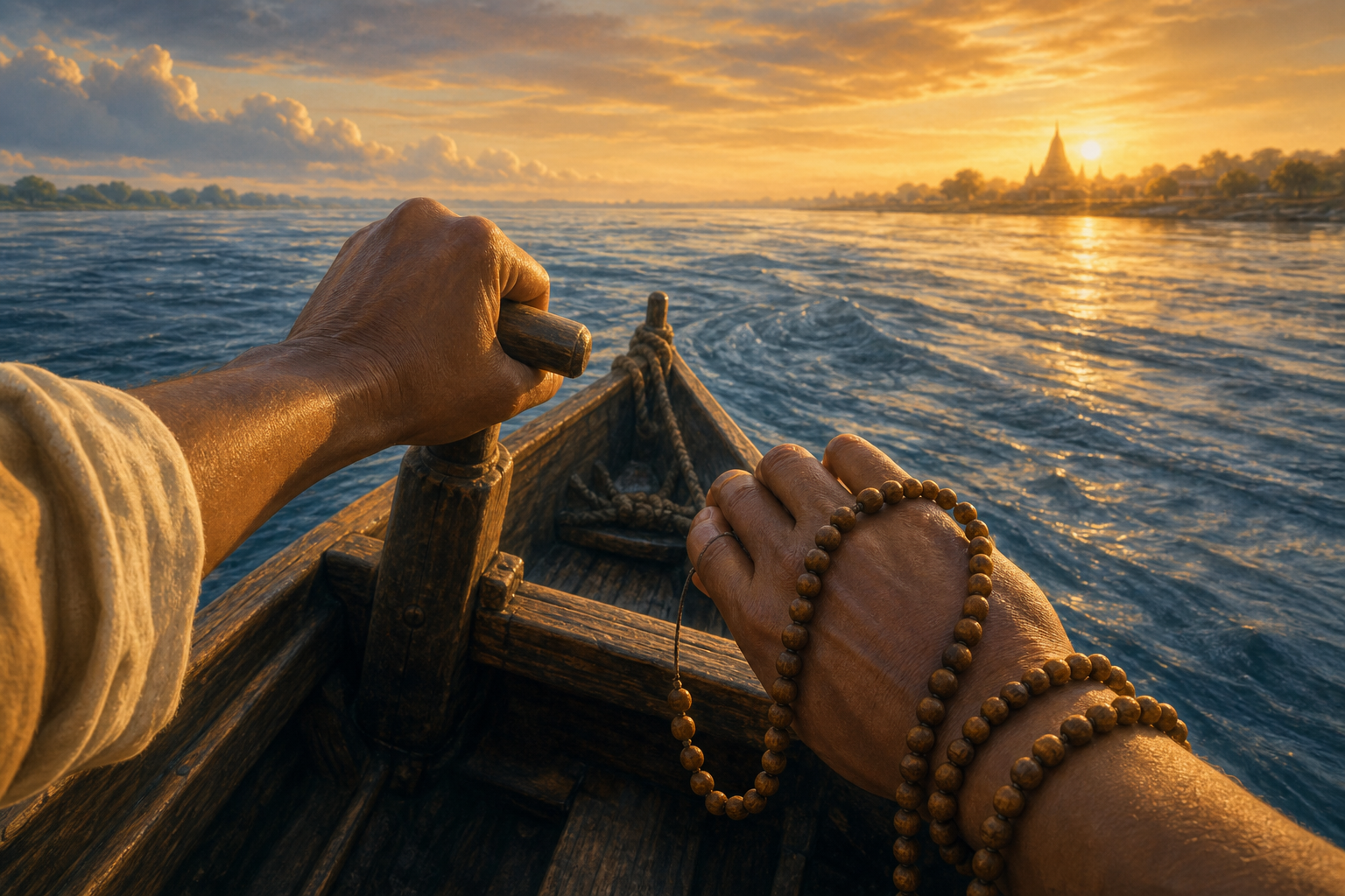 Hands guide a wooden boat through a strong river current toward a sunlit shore, with prayer beads wrapped around one wrist.