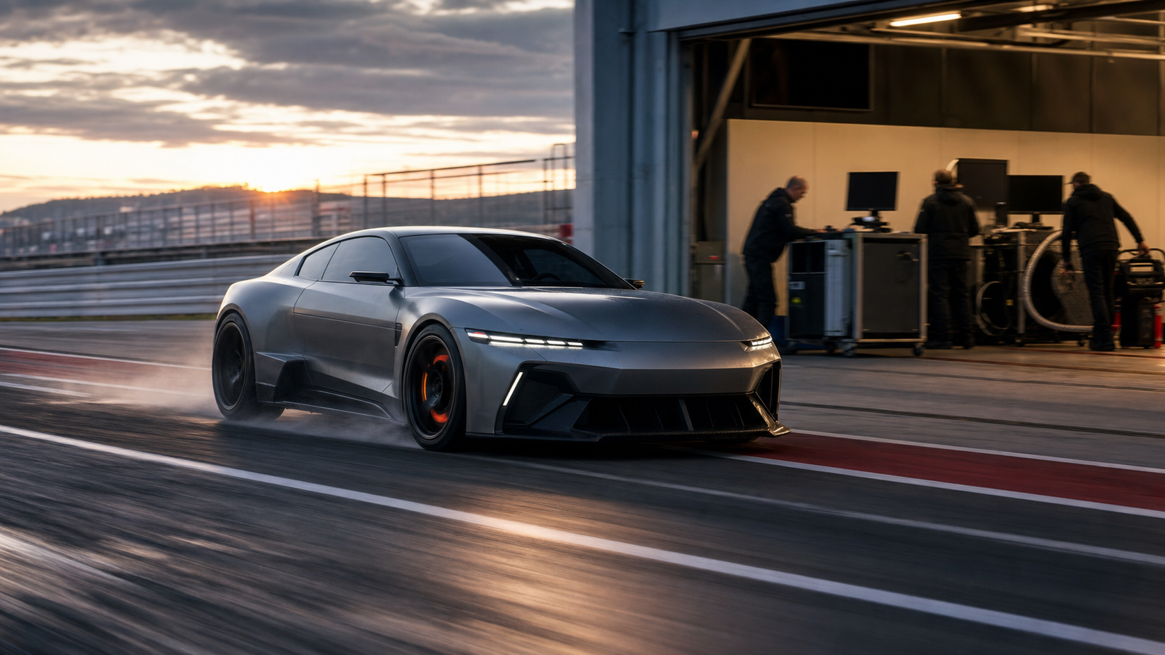 An unbranded electric performance coupe enters a test-track pit lane with heat shimmer around it as engineers prepare cooling equipment.