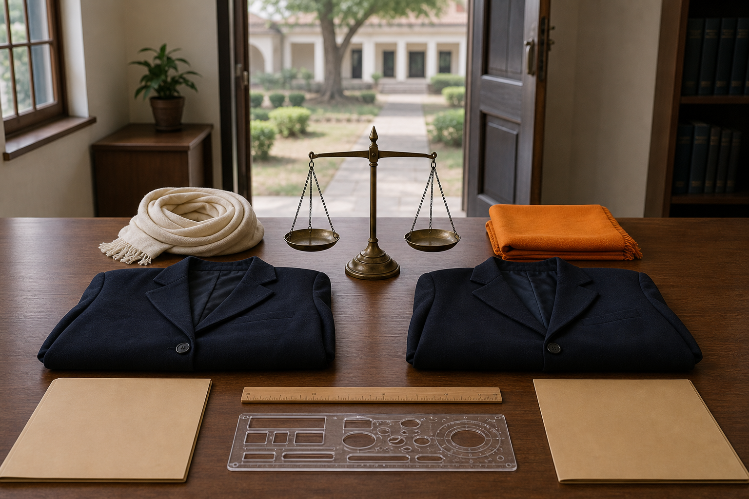 Two uniform jackets, a headscarf, a folded saffron shawl, and a balanced scale are arranged symmetrically on a college administration desk.