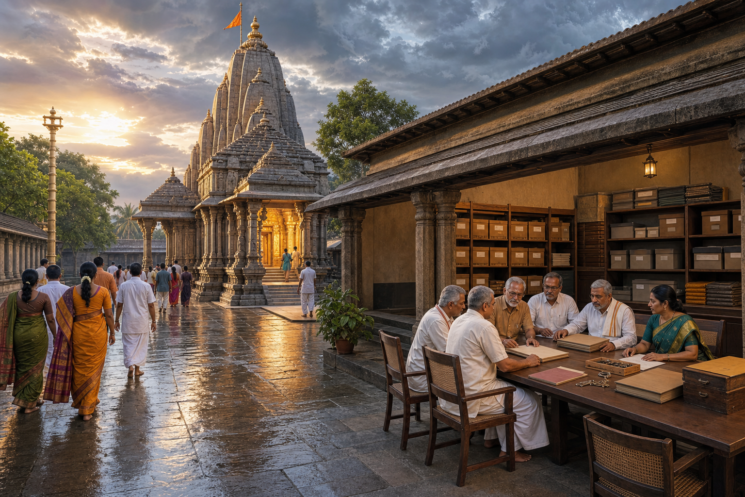 A Hindu temple at dawn with a glowing sanctum, an adjoining administrative courtyard, orderly records, and trustees meeting at a table.