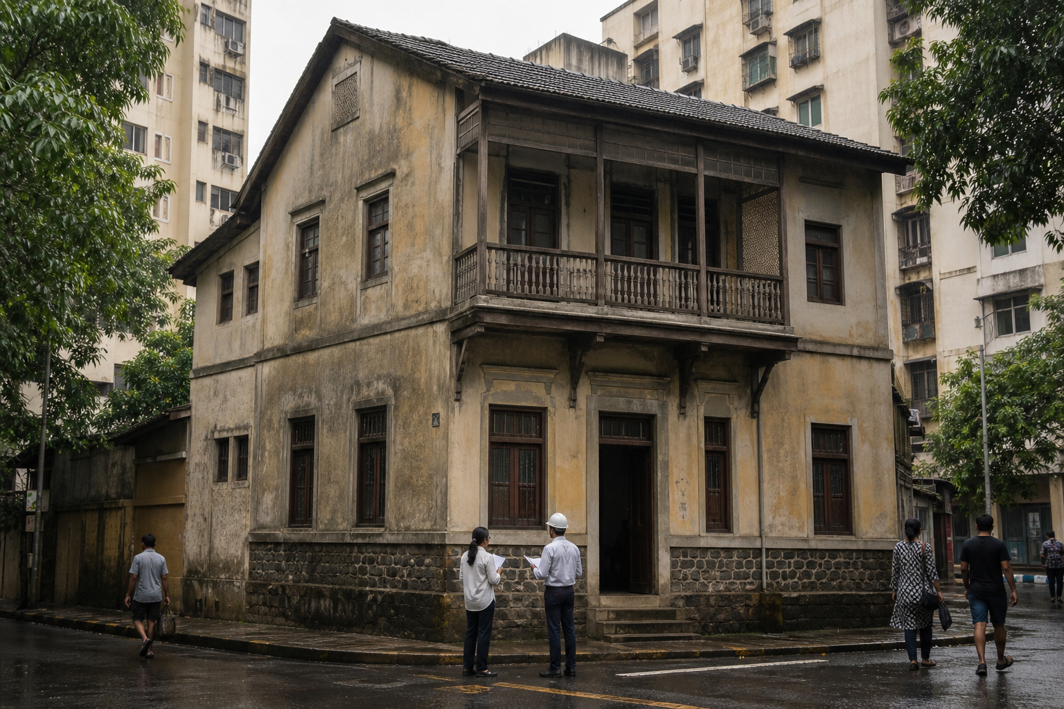 Exterior view of Savarkar Sadan in a Mumbai neighborhood, with heritage specialists inspecting the historic building.