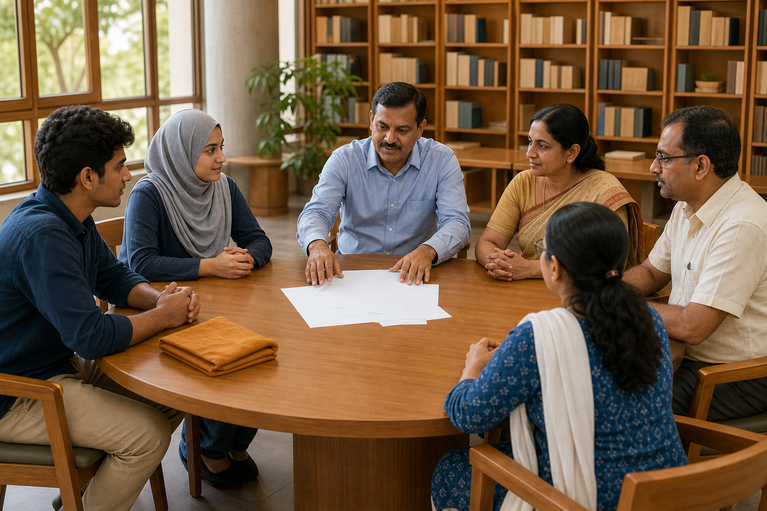 Students, parents, a faculty member, and a college administrator hold a calm roundtable meeting with blank papers at the center.