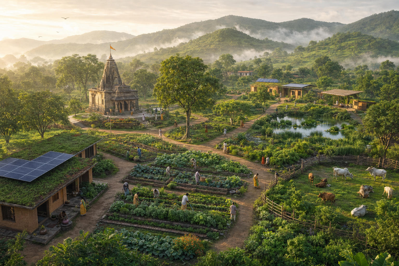 A green devotional ecovillage in Maharashtra with a temple, farms, water ponds, earthen buildings, solar panels, cows, and residents caring for the landscape.
