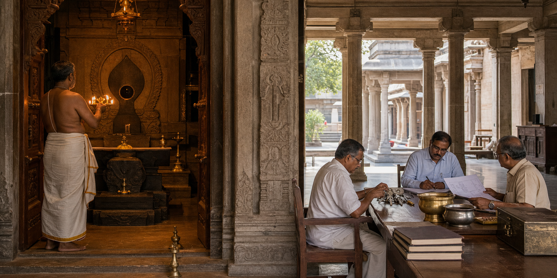 A priest conducts worship in a temple sanctum while trustees handle records and property matters in a separate adjoining office.