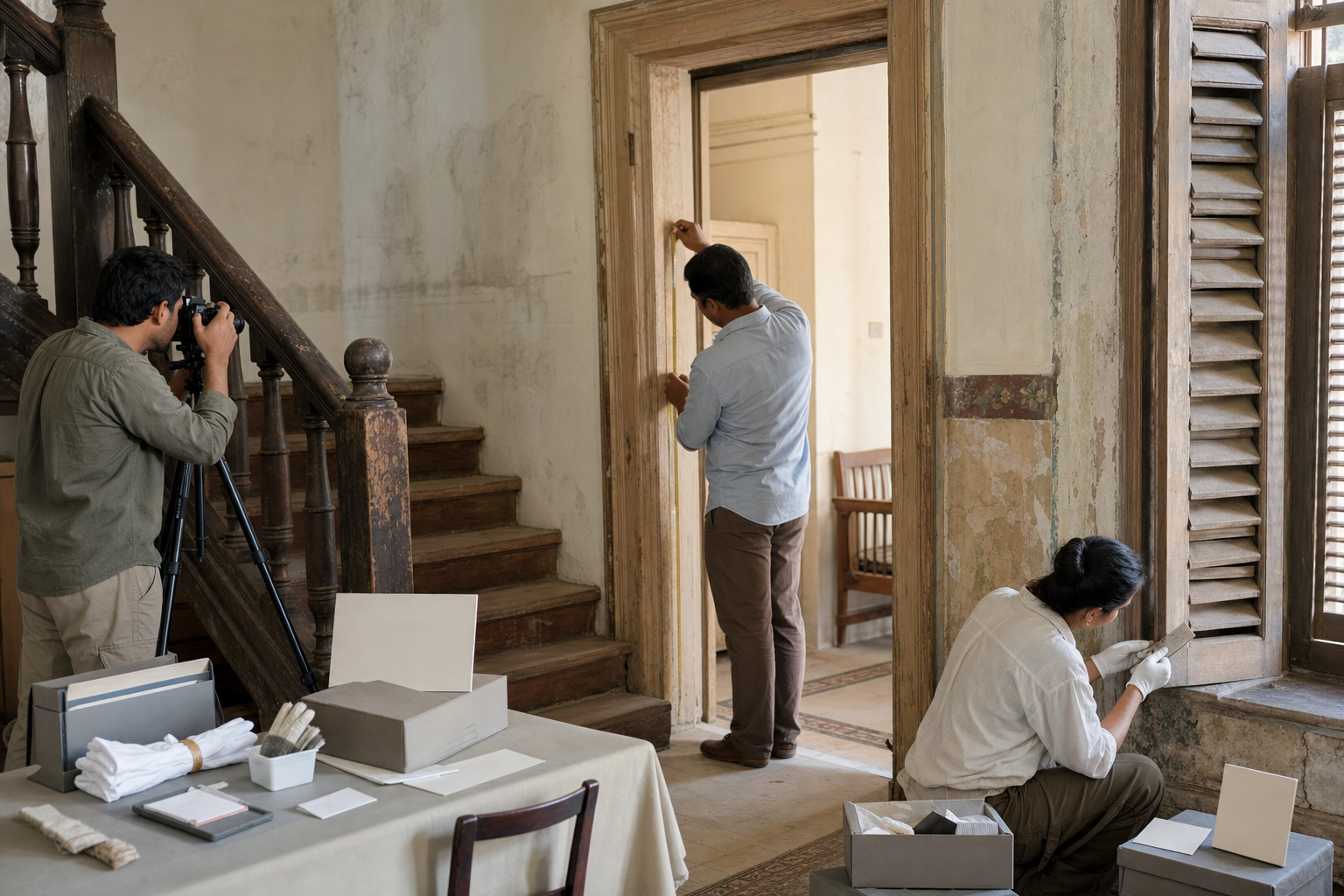 Heritage specialists documenting an old staircase, doorway, plaster surfaces, and interior details before conservation.