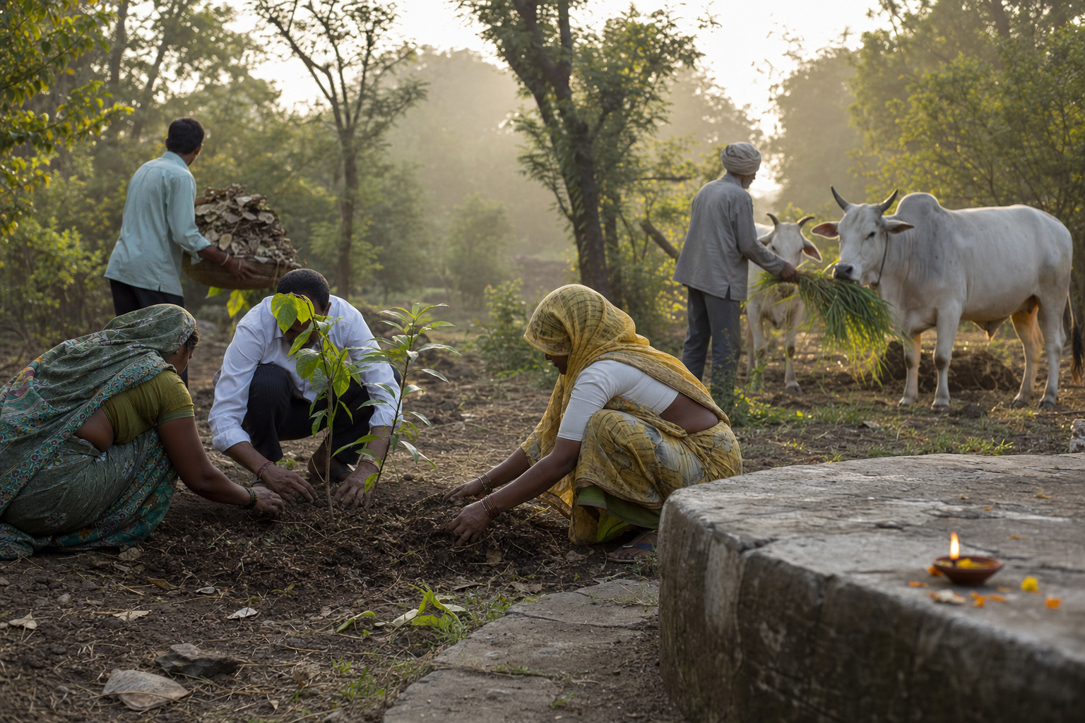 Residents plant a native tree, apply compost, collect leaves, and feed cattle beside a small devotional lamp in a rural landscape.
