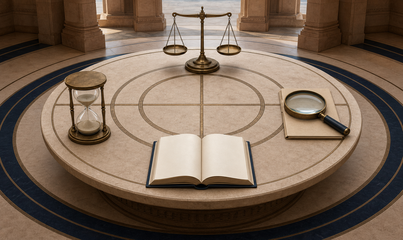 A circular stone table holds a balance, blank rulebook, magnifying lens, file, and hourglass under even skylight.