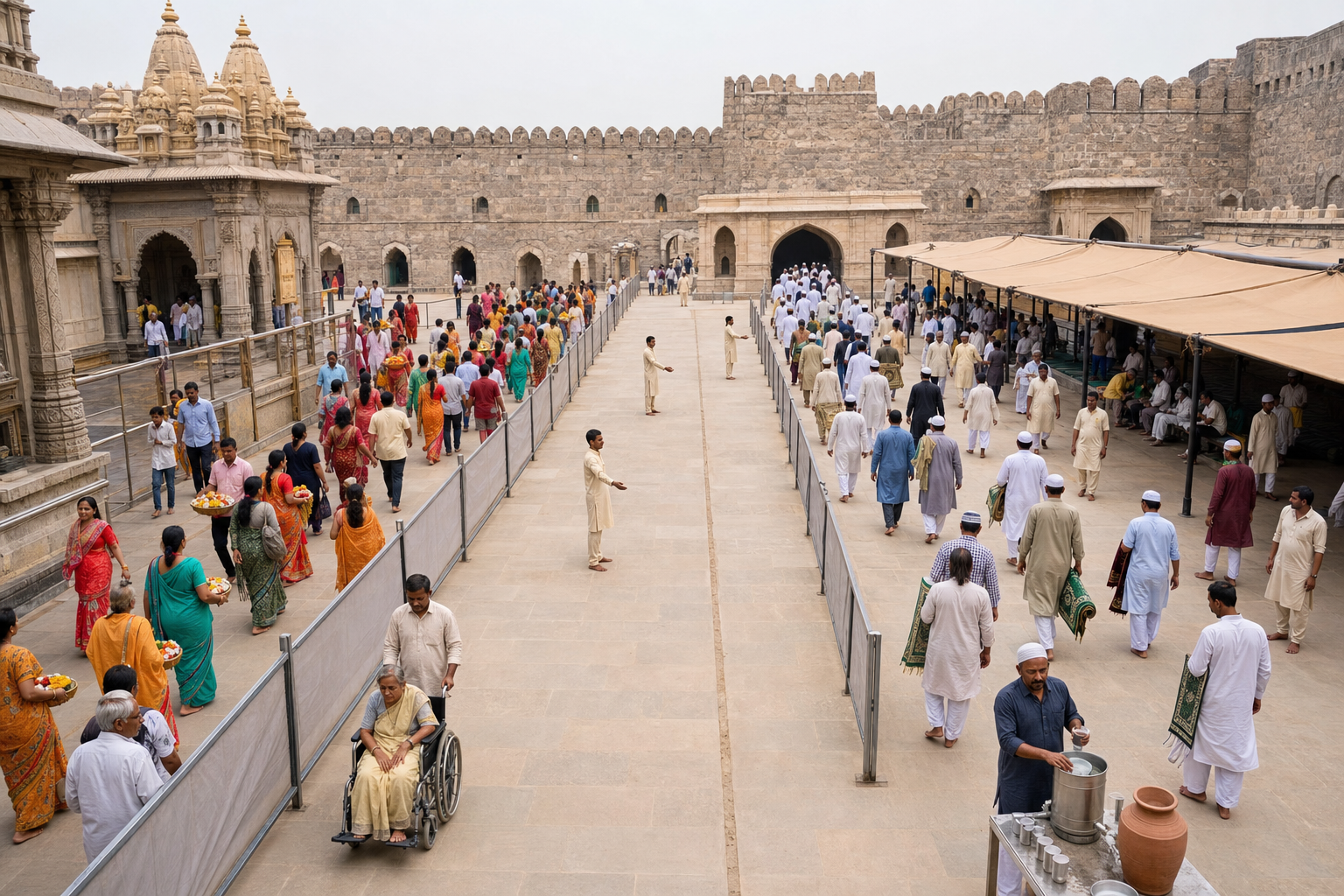Separate, orderly pedestrian lanes guide temple devotees and Muslim worshippers through a fort courtyard with a shared safety buffer.