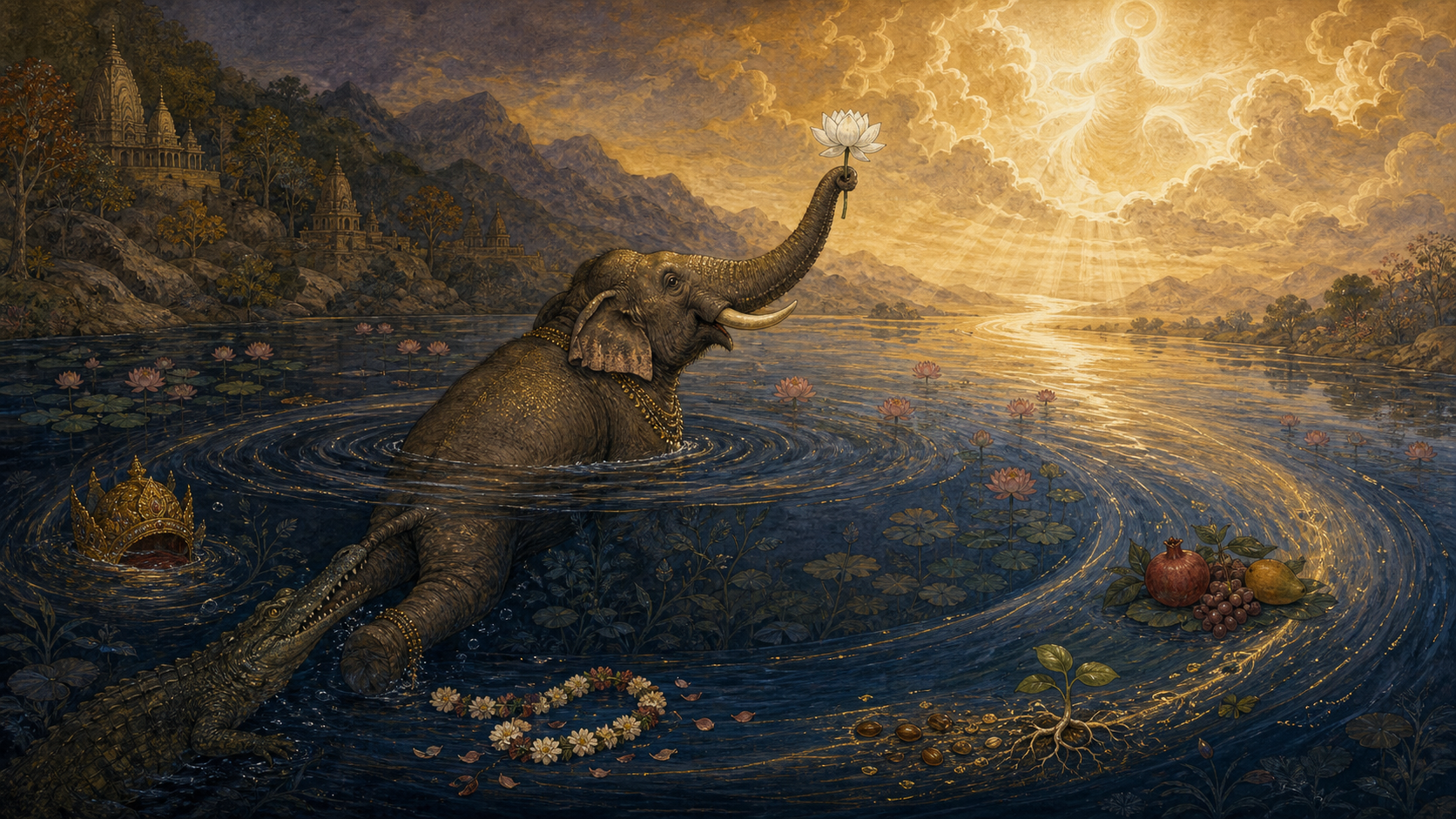 An elephant trapped by a crocodile in a dark lotus lake raises a lotus toward golden light as a circular current opens into a bright river.