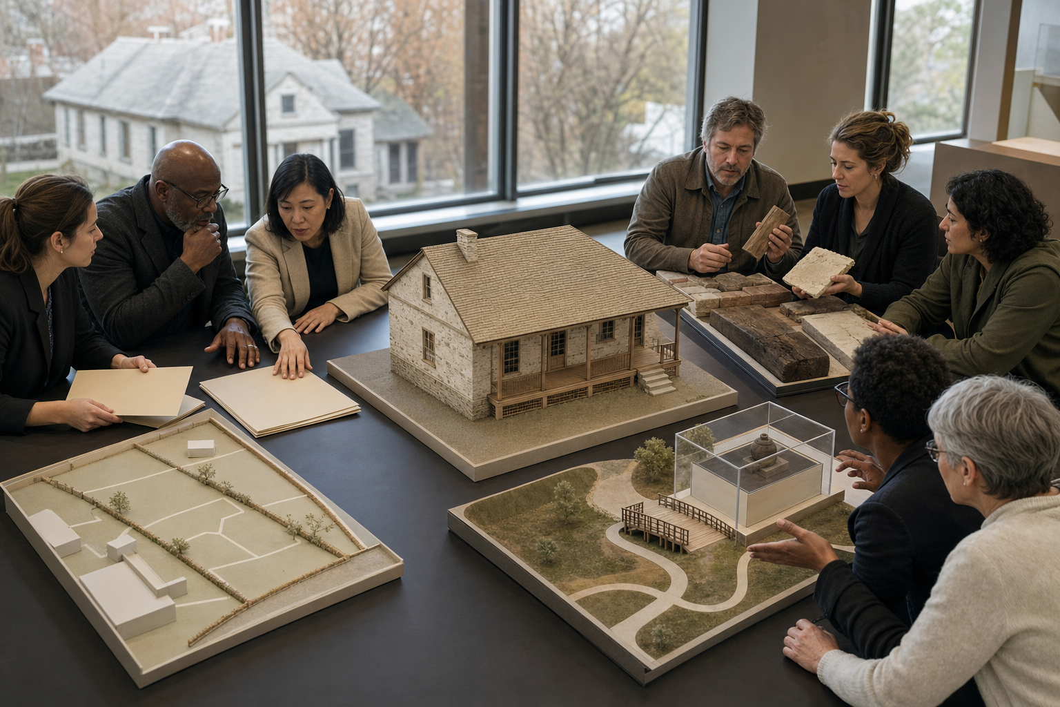 Three specialist groups work around a model of a historic house, separately considering ownership, conservation, and public access.