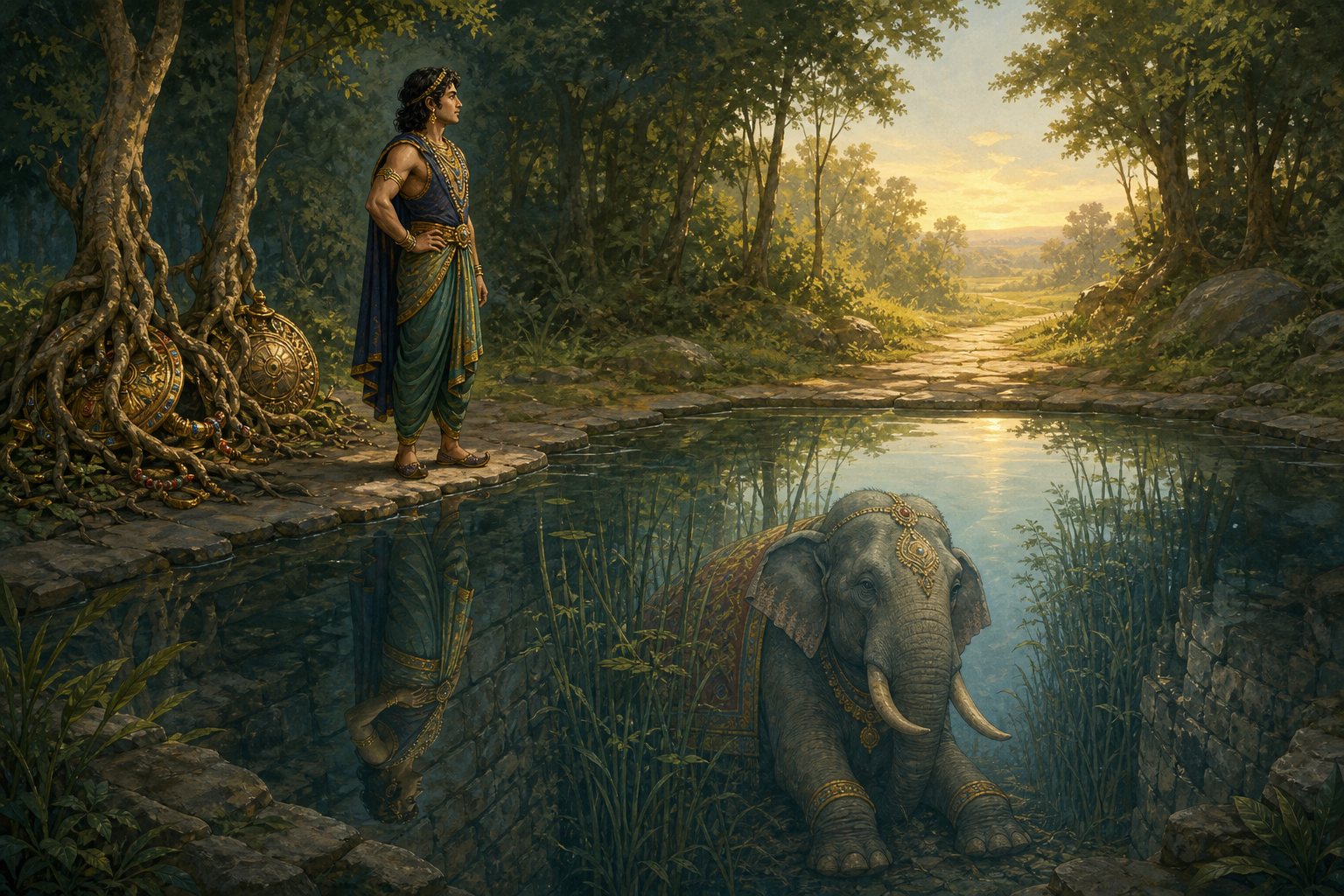 A royal figure looks into a forest pool where the reflection appears as an elephant confined by reeds, while two trees grow around discarded ornaments nearby.