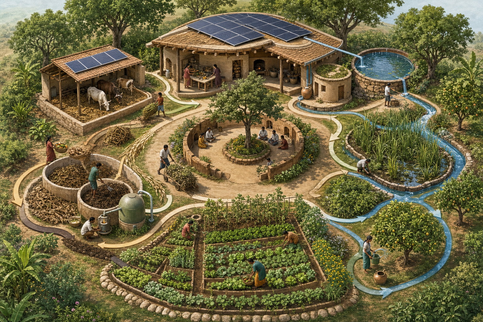 An isometric ecological settlement connects rainwater collection, wetlands, gardens, cattle care, composting, biogas, solar energy, and a community kitchen.