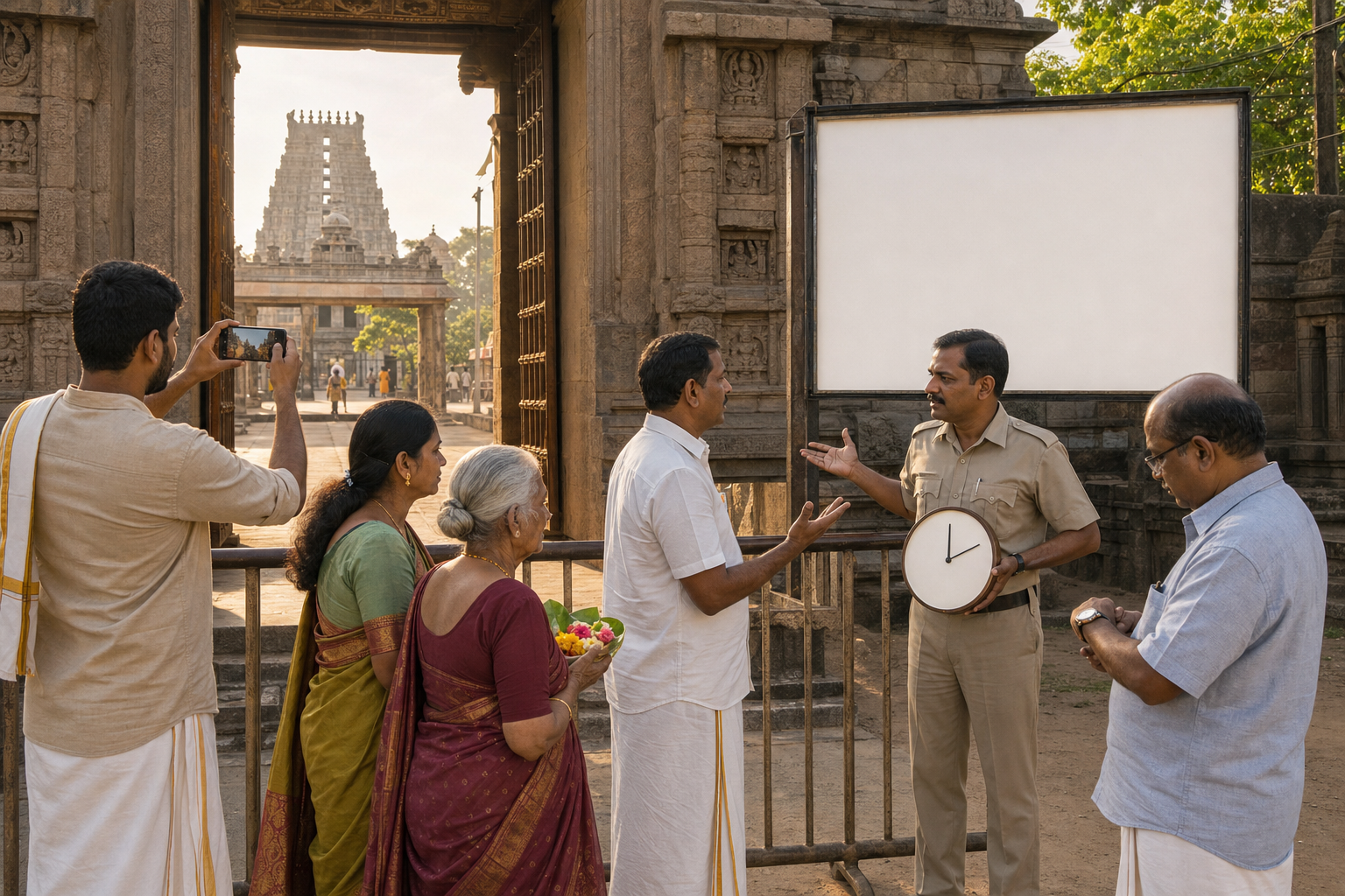 Peaceful temple devotees document a temporary checkpoint while a volunteer speaks with a civil official about an alternate route.