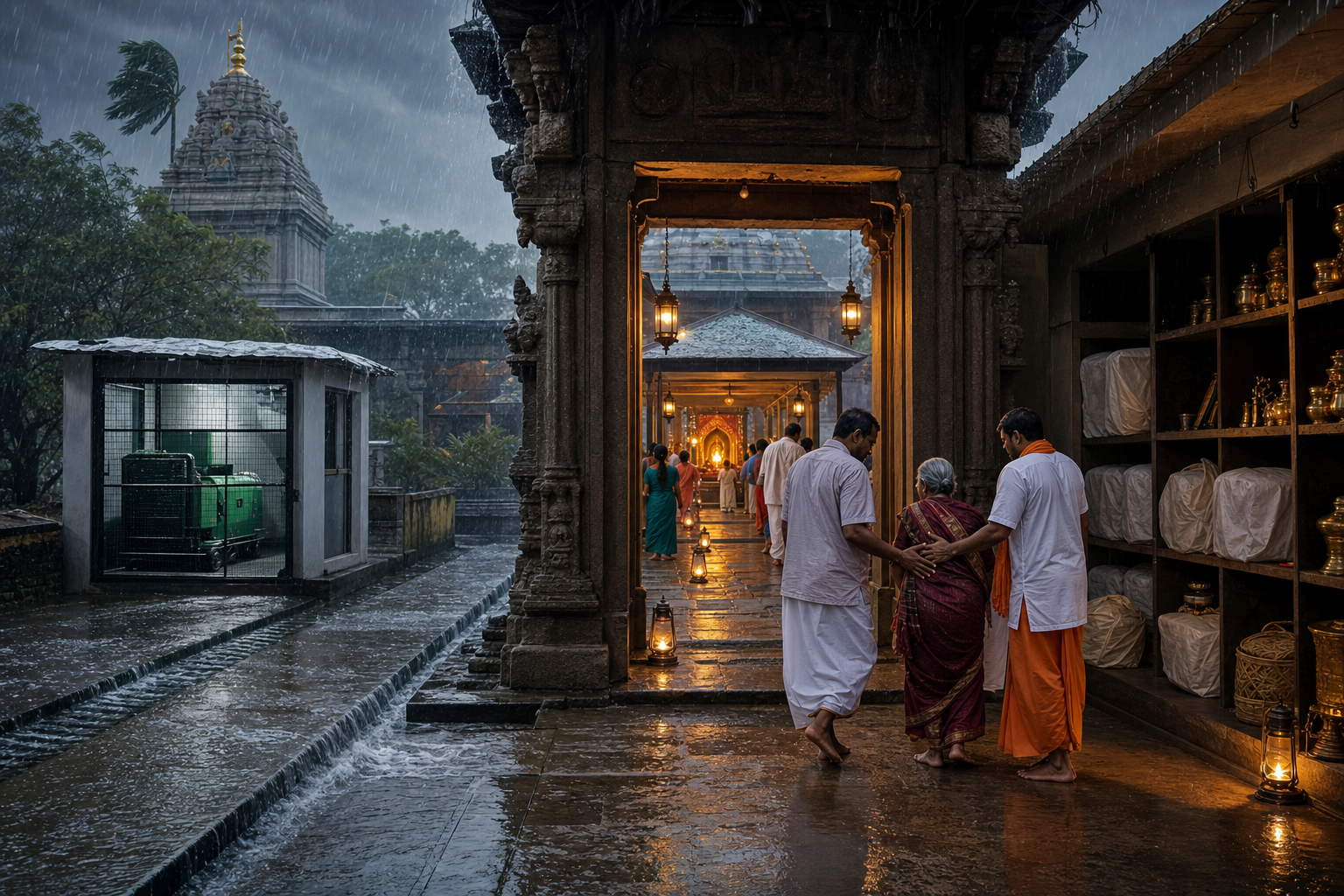Volunteers guide devotees through a temple during a monsoon outage while emergency lighting, drainage, and stored supplies keep worship operating.