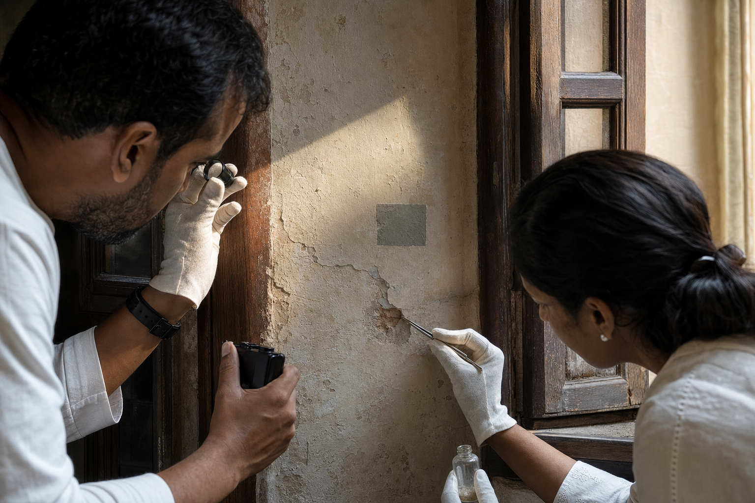 Conservators inspect aged lime plaster and an original wooden window while making a small stabilization test.