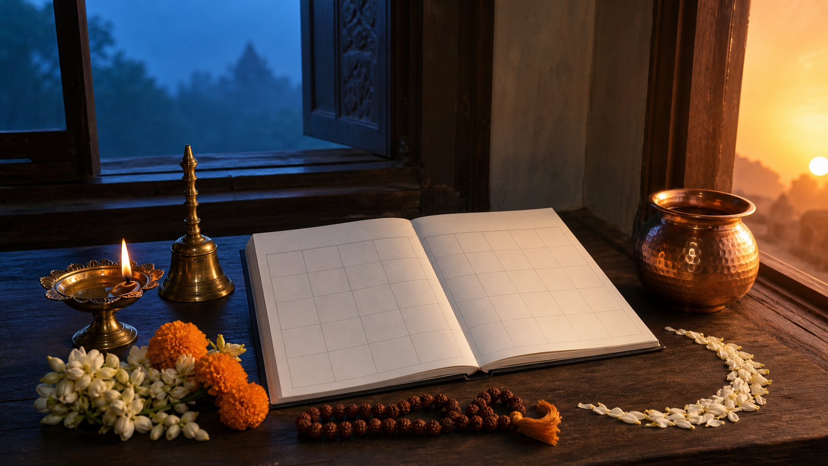 A blank calendar lies beside a lit brass oil lamp, temple bell, flowers, copper vessel, and prayer beads in contrasting dawn and sunset light.