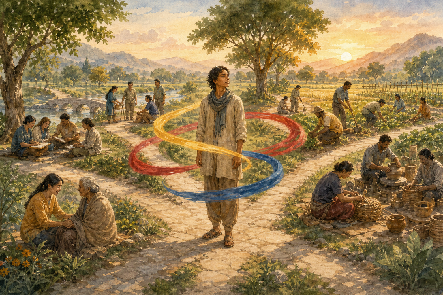 A person at an open crossroads surrounded by three colored ribbons, with paths leading to study, service, farming, craft, and caregiving.