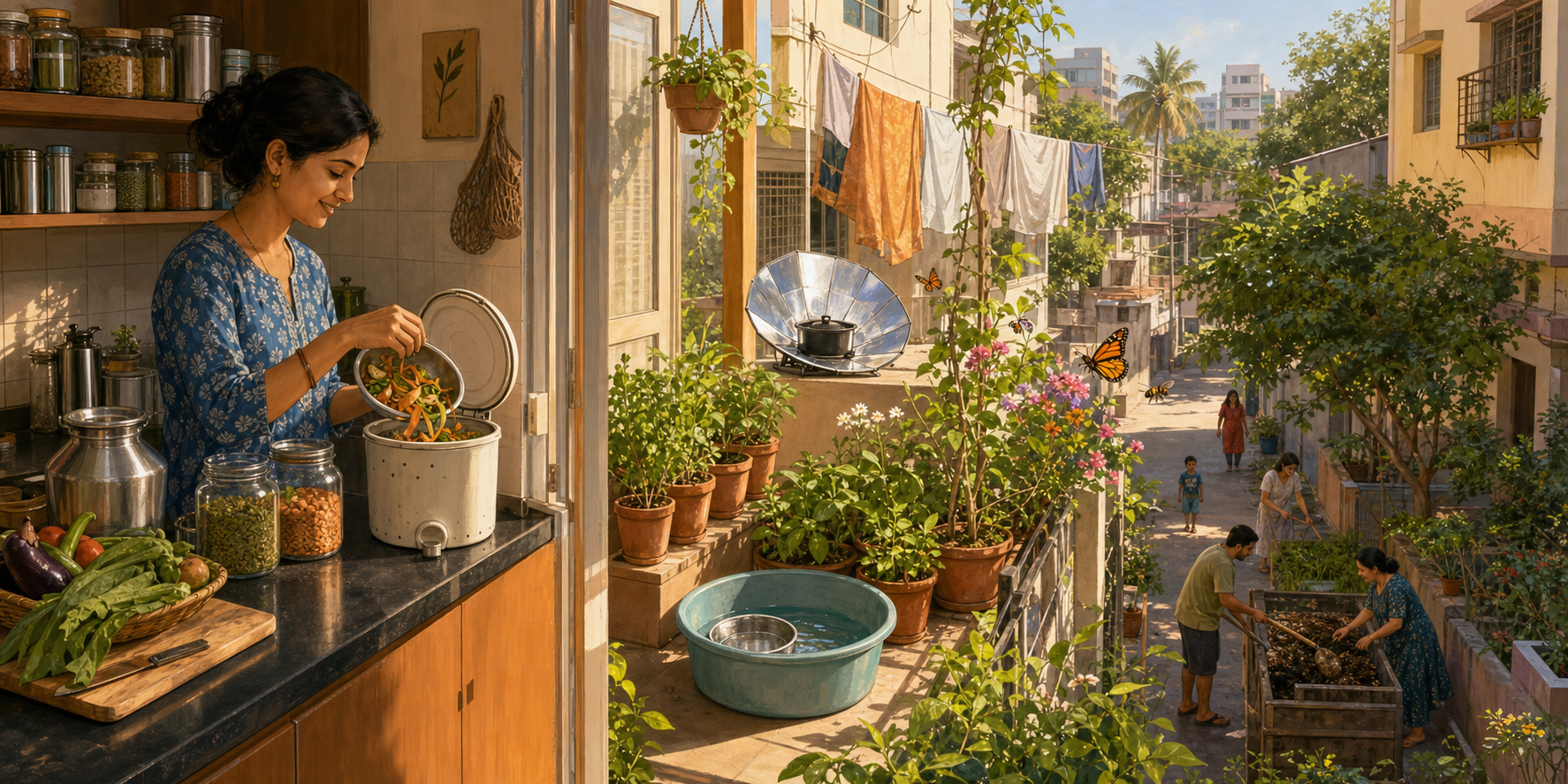 A city apartment uses kitchen-scrap composting, reusable containers, balcony food plants, water reuse, natural drying, and shared neighborhood gardening.