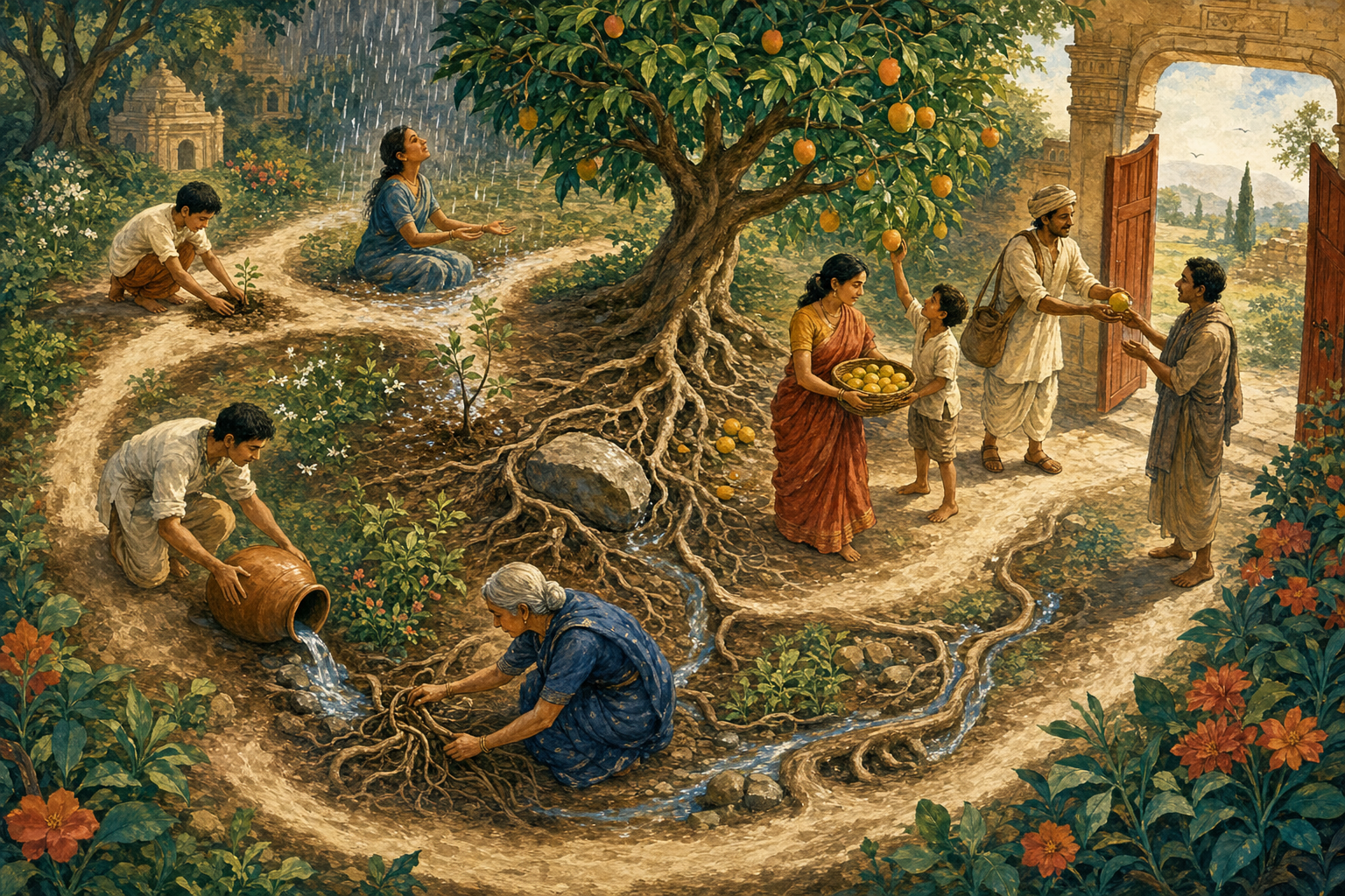 People plant, water, harvest, and share fruit along a connected garden path while another person untangles roots beside a redirected stream.