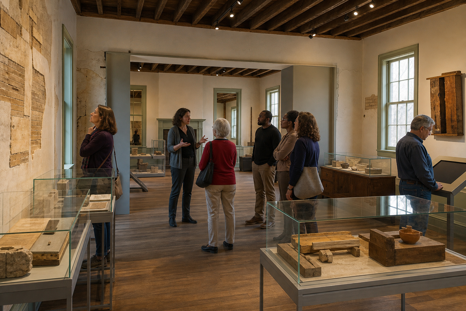 Visitors discuss exhibits in an accessible memorial gallery that preserves the original interior of a historic residence.